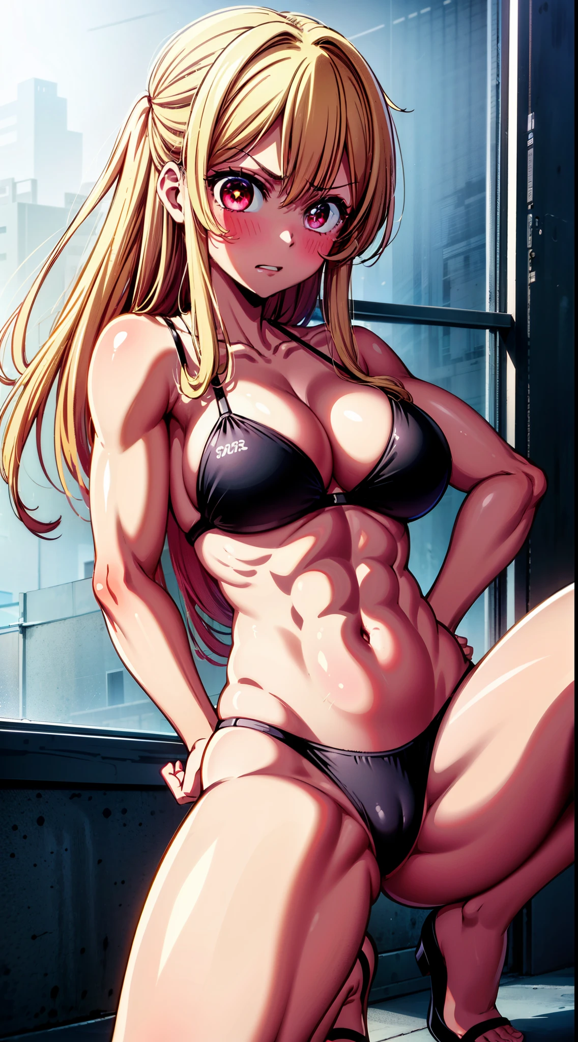 (1 girl), Alone, (Rubi Hoshino), (((Very sexy black bikini))), {{{stand}}}, wearing black high heel shoes, Toned thighs, muscular stomach, slim body, arms thin, wide hips, thin waist, big butt, medium breasts, at school in the classroom, (((in a bad mood))), (with hands on hips), (pink blonde hair), white star-shaped pupils in the left eye, eye reflection, glowing eyes, anime, anime style, cinematic lighting, ray tracing, panorama, Sony FE, hard drive, master piece, accurate, anatomically correct, Super Detail, high quality, ultra-high resolution, hard drive , 16k
