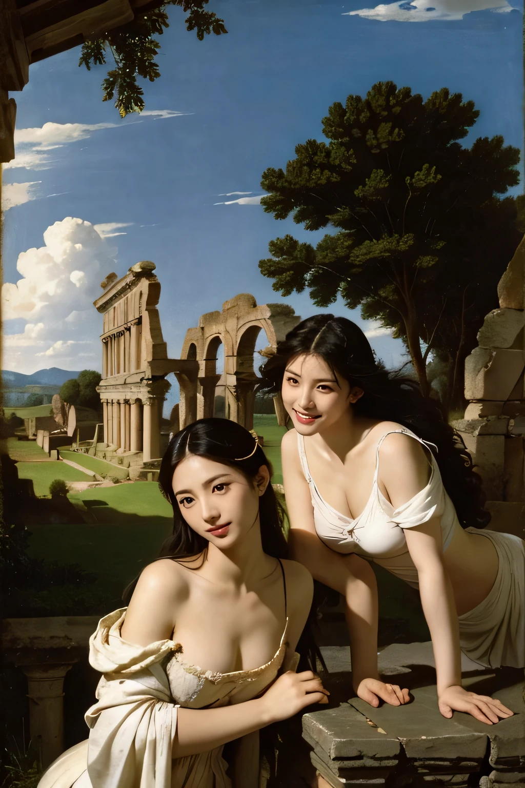 Ancient Roman ruins,Poussin-style landscape,A smile,,Sweet and seductive appearance.、Caravaggio's paintings、Chiaroscuro of Caravaggio、Hair disheveled in the wind,Two women frolicking,Cute smile, Expression of ecstasy,A sexy,Erotic