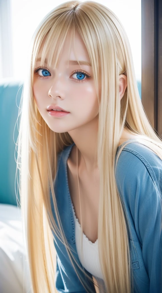 shiny, Beautiful white skin、Hair color changes with light、Bangs between eyes obstruct vision、cheek gloss highlights、Sexy and very beautiful, Nice, kawaii, gorgeous faces、The most beautiful face in the world、The most beautiful super long blonde hair in the world、Smooth straight hair、Very large bright light blue eyes, light fixtures、beautiful pony、Beautiful 15 year old Swedish blonde girl、Baby's face