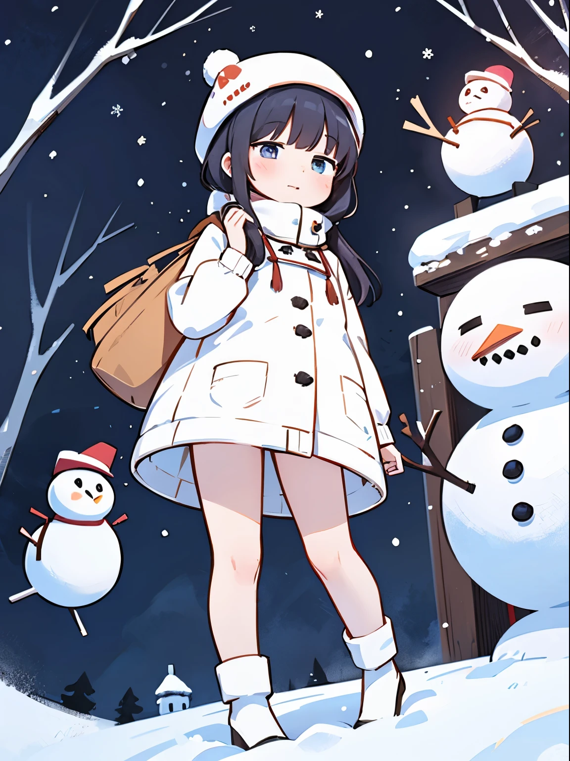 beautiful snowman girl、sticking out the face from the snowman、she's turning into a snowman、protruding legs、