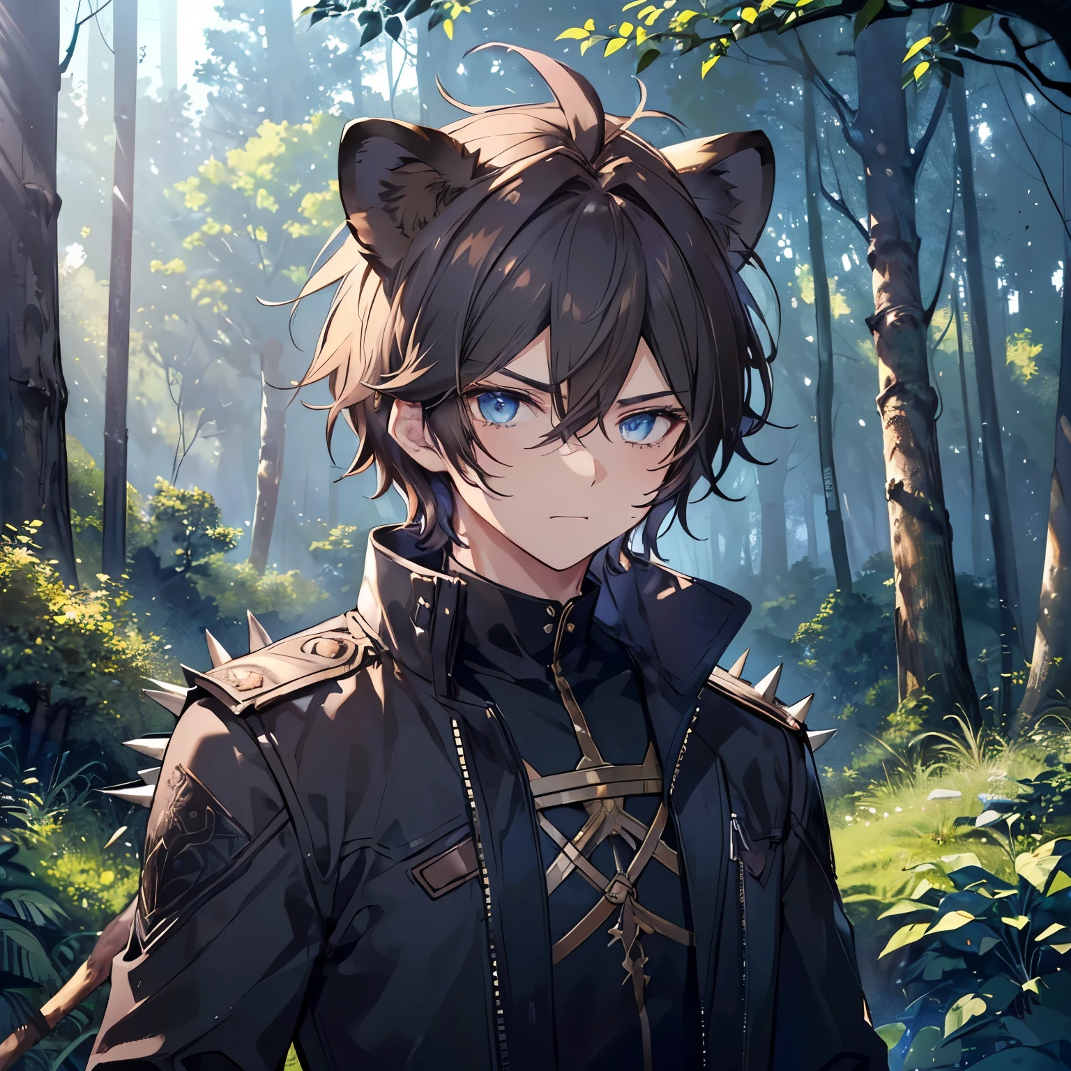 ((Male)), ((Short Spiky Hair)), ((Brown Hair)), Tousled Hair,((Ultra-Detailed)), ((Sketch)), ((Disheveled Hair)), ((Beautiful Detailed Eyes)), Beautiful, Amazing, ((Blue Eyes)), Intricate Black Shirt, Black Leggings, Black Intricate Coat, ((Detailed Eyes)), ((Set In Spring)), ((Forest Scenery)), ((Smug Expression)), ((Lion Ears)), ((Lion Tail)).