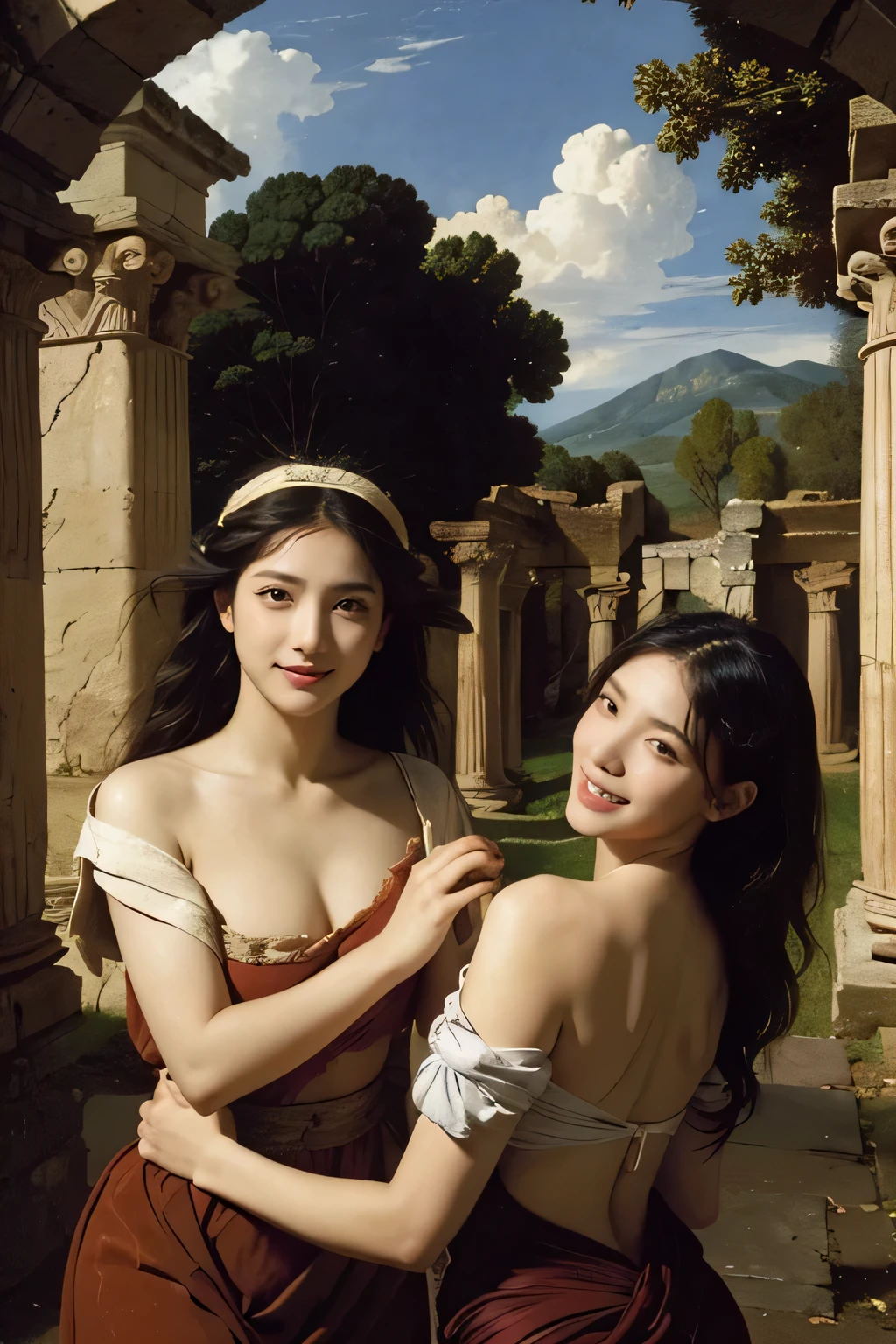 Ancient Roman ruins,Poussin-style landscape,A smile,,Sweet and seductive appearance.、Caravaggio's paintings、Chiaroscuro of Caravaggio、Hair disheveled in the wind,Two women frolicking,Cute smile, Expression of ecstasy,A sexy,Erotic