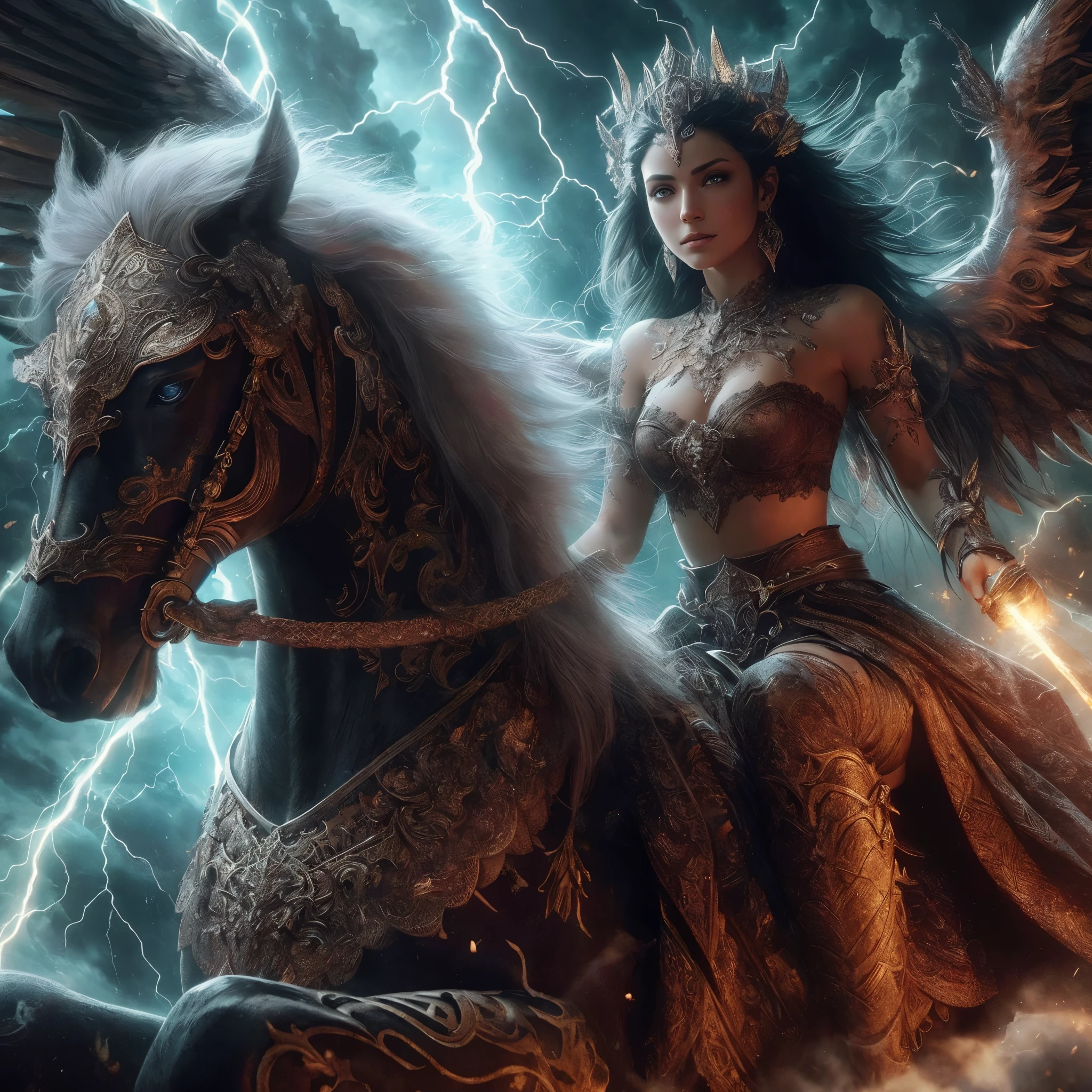 arafed woman riding a horse with a winged horse in the background, epic fantasy art style hd, epic fantasy digital art style, dramatic fantasy art, as a mystical valkyrie, detailed fantasy digital art, epic fantasy art style, fantasy art behance, epic fantasy digital art, detailed fantasy art, epic fantasy style, epic fantasy art, amazing fantasy art, breathtaking fantasy art, masterpiece, best quality:1.2),,(8k,highres,RAW photo,realistic,photo-realistic:1.3),(detailed skin texture,detailed cloth texture,beautiful detailed face:1.25),professional lighting,photon mapping,beautiful soft light,radiosity,physically-based rendering,raytracing, model shoot style, model shoot style, (extremely detailed CG unity 8k wallpaper), full shot body photo of the most beautiful artwork in the world,