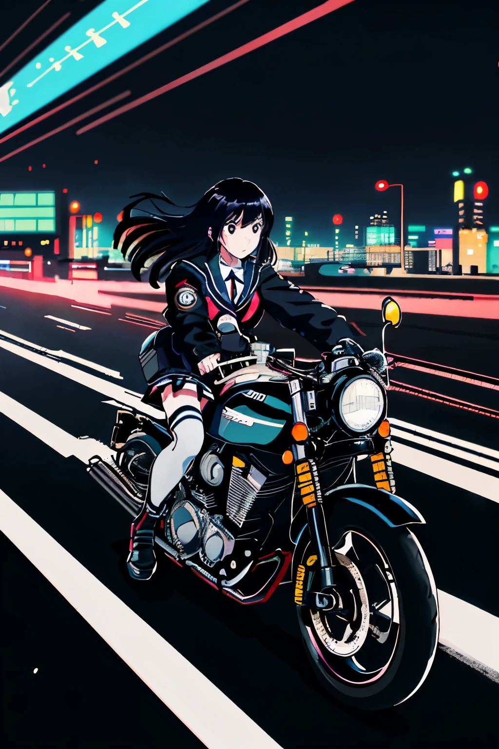 masterpiece, best quality, 1girl, solo, jacket, hand in pocket, school uniform, serafuku, thighhighs, school bag, black hair, black eyes, cyberpunk, street, machinery, motor vehicle, motorcycle, panorama, helmet, speed line, motion blur, depth of field, perspective, panorama, riding, floating hair, night, neon trim