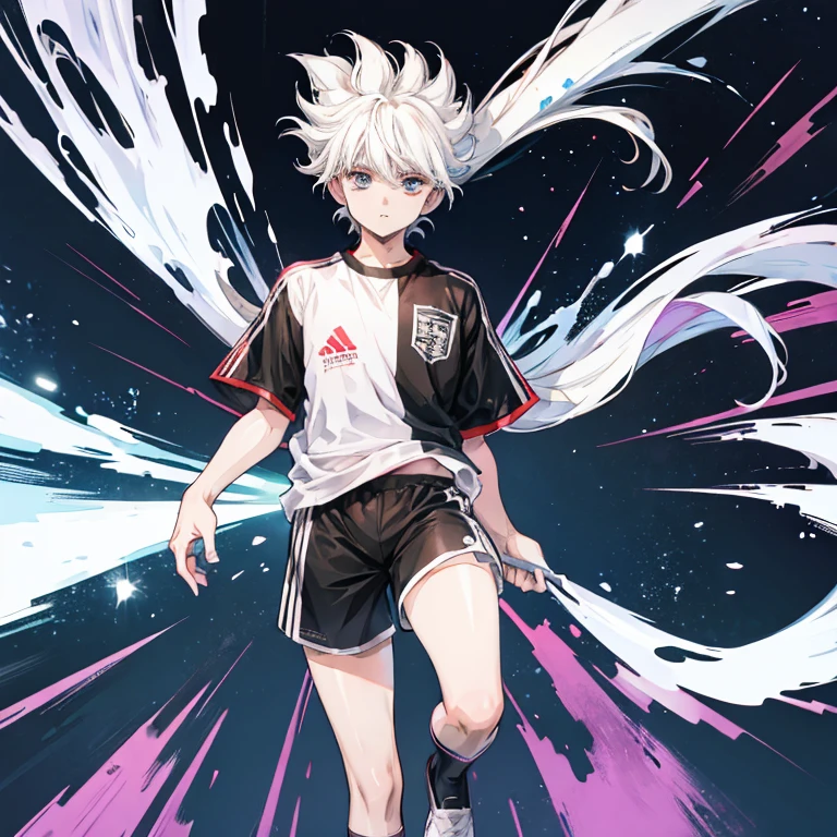 killua zoldyck crackter anime, white hair, blue eyes, playing soccer on the field, wearing a black soccer shirt with the number 10 on the back, wearing shorts