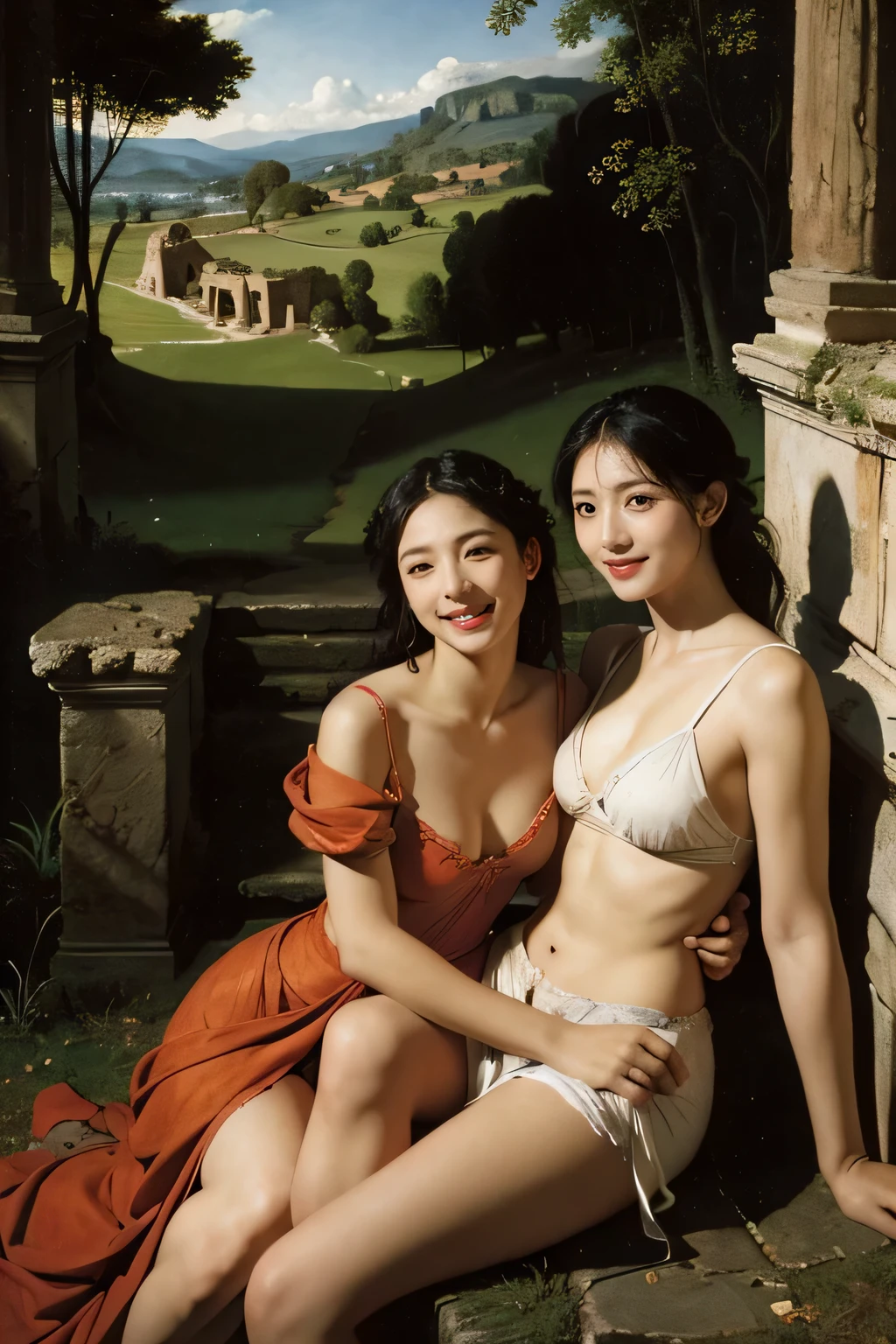 Ancient Roman ruins,Poussin-style landscape,A smile,,Sweet and seductive appearance.、Caravaggio's paintings、Chiaroscuro of Caravaggio、Hair disheveled in the wind,Two women frolicking,Cute smile, Expression of ecstasy,A sexy,Erotic