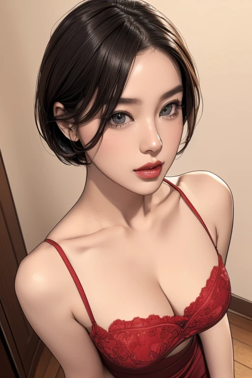 (Photo realistic, masterpiece, best quality, ultra detailed, realistic skin, intricate details, exquisitely detailed, beautiful composition, extremely intricate, realistic humid skin, perfect anatomy, exquisitely detailed skin), solo, 1 girl, (beautiful_eyes, pretty face, red lips, high nose bridge, large breast), (28 years old, korean beautiful woman), Detailed beautiful delicate face, face of perfect proportion, cat style eyes, red lips, beautiful nose, real skin, blush cheeks, wide hips, big breasts, short hair, (black high waist pencil skirt), (from_above), (focus_on_chest), off shirts, no shirts, (red brassiere), show red brassiere, show breasts,