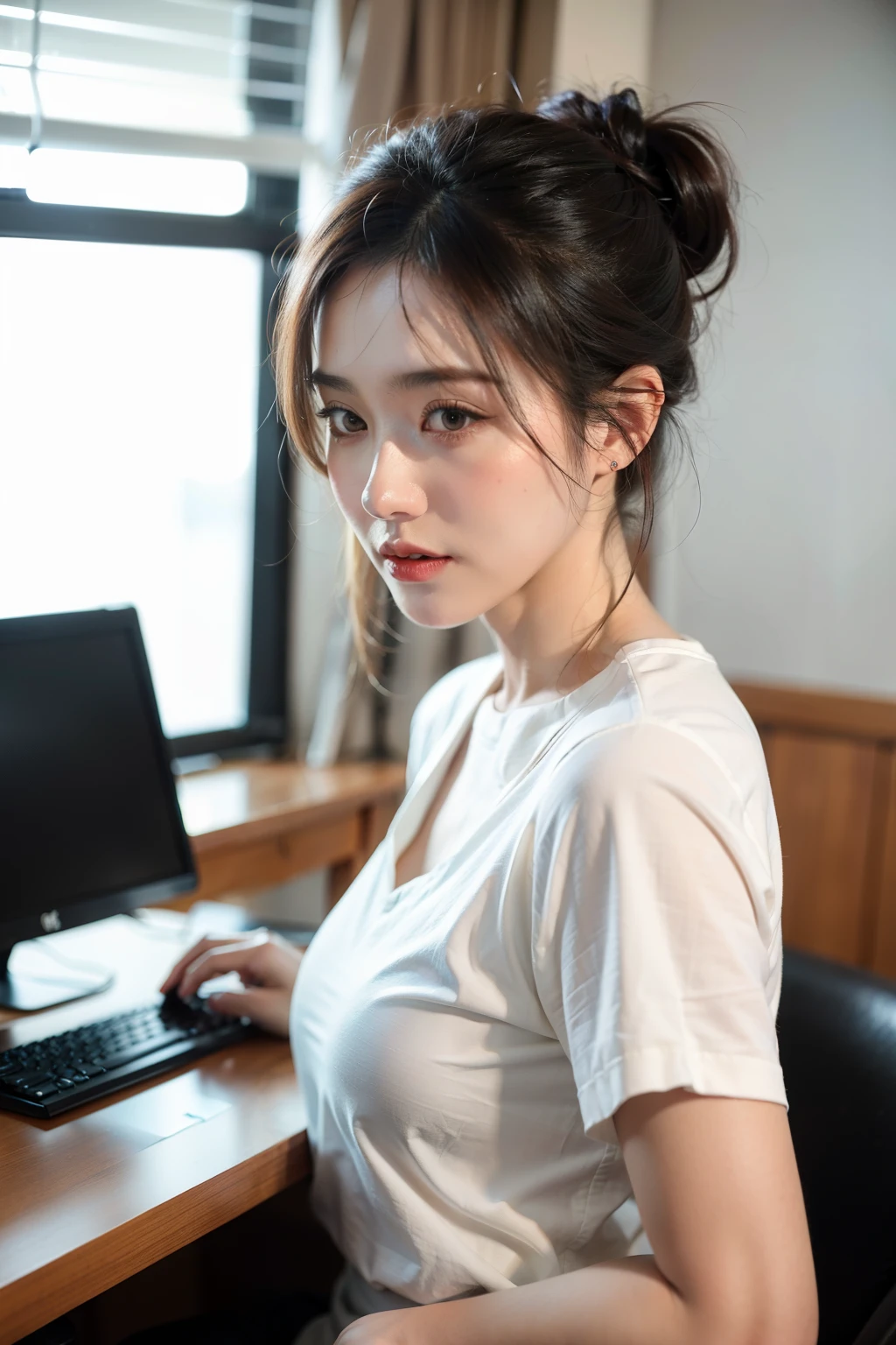 ((Best quality at best)), ((tmasterpiece)), (Detailed pubic hair), natural face,Professional work clothes,Narrator,femele,Hair tied up,中景 the scene is,The background is in an office where people are working