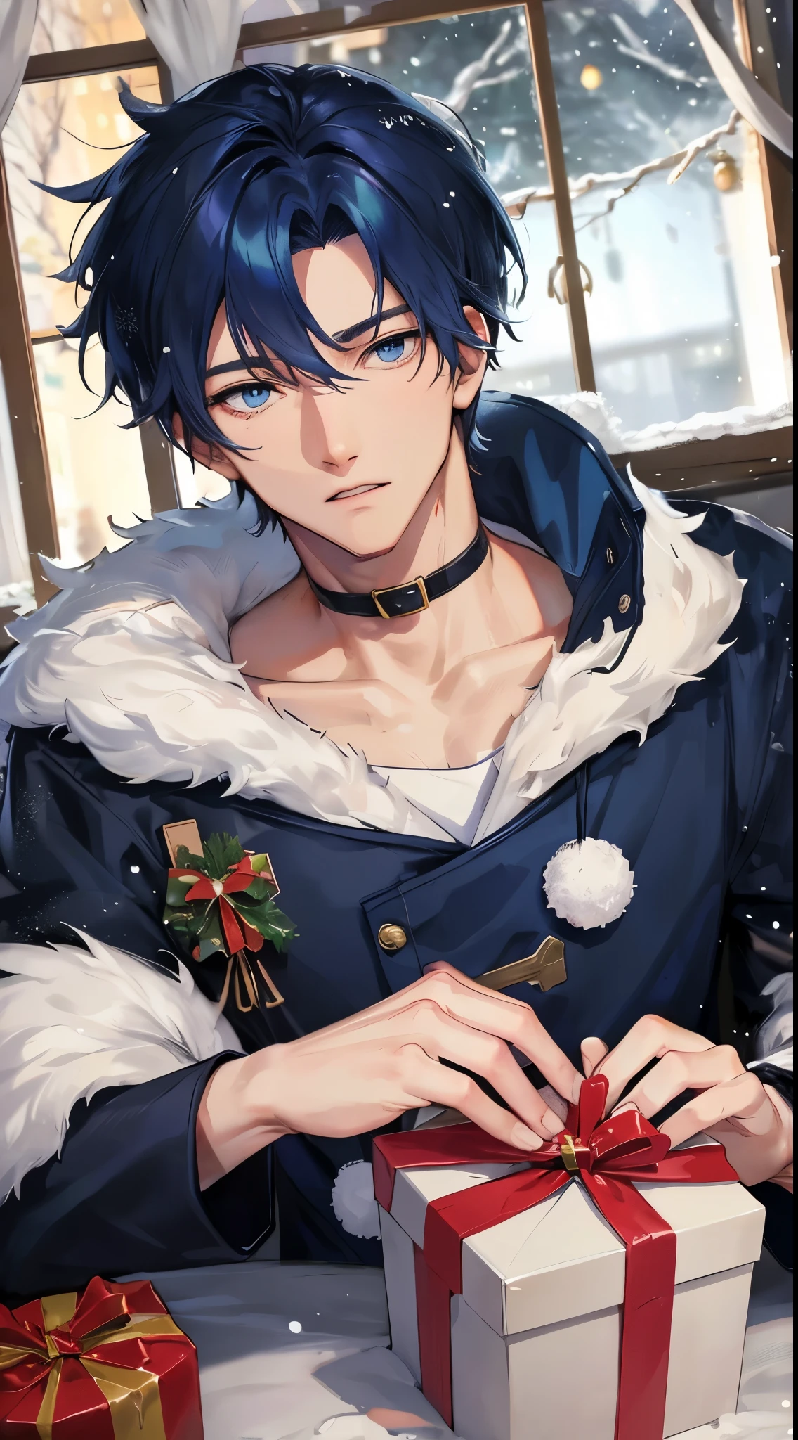 Handsome navy-haired anime man near the Christmas tree and a lot of presents,Blue eyes、Night outside the window、It's snowing、upperbody