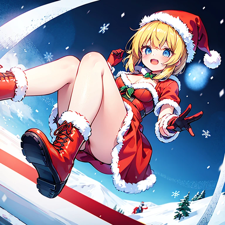 (masterpiece), best quality, expressive eyes,swaying hair,Dynamic hair,a girl in Santa outfit holding a gift suspended in mid air while on a snow board in sky, show the bottom of snowboard, solo, 1girl, santa hat, santa dress, boots, gloves, cleavage, bare thighs, snowboard, perspective, dutch_angle