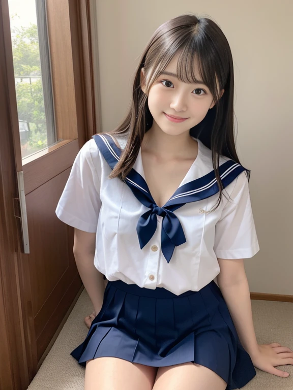 japanes、girl with、1人、sixteen years old、A dark-haired、length hair、high-school uniform、a sailor suit、やぶけた白いa sailor suit、Underwear on bare chest(Ren Hao)is visible、shortsleeves、cleavage of the breast、Dark blue mini skirt、thighs thighs thighs thighs、knee sox、tiny chest、Gentle smile、lightly dressed、Skin revealing