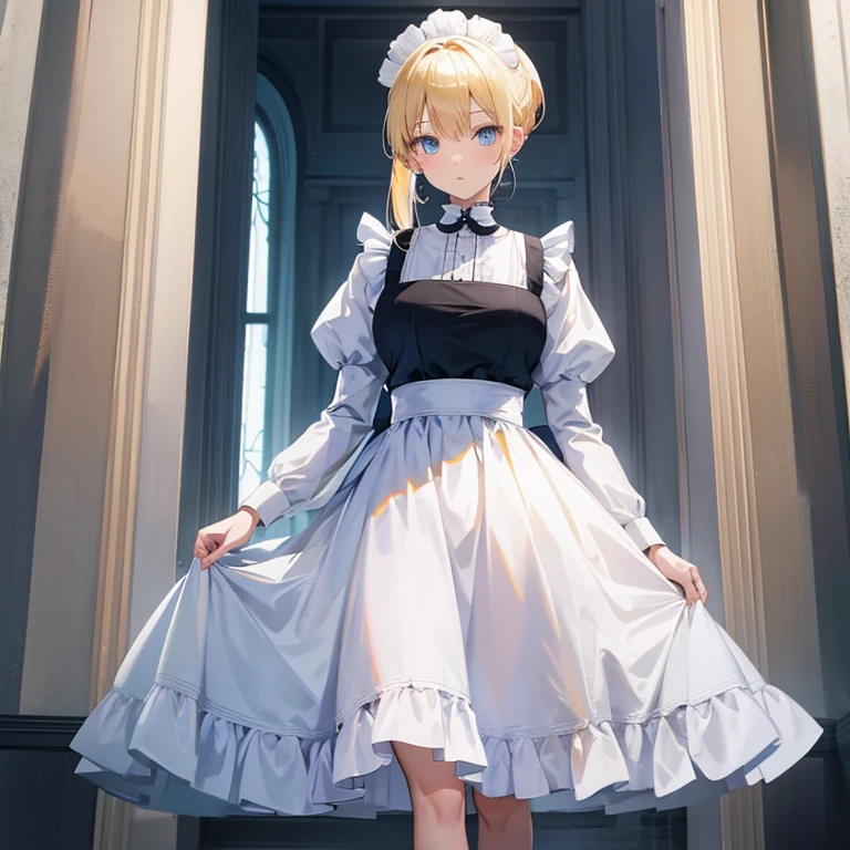 Blonde blue eyes、tall、fullbody、Maids、standing looking ahead、cute ponytail