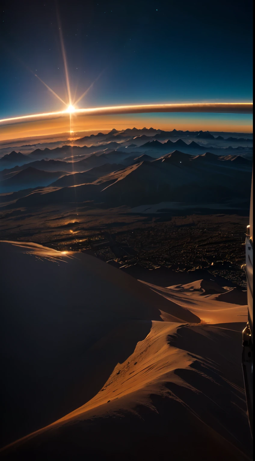 Morning sunrise from a space station on another planet, other planets are visible in the atmosphere