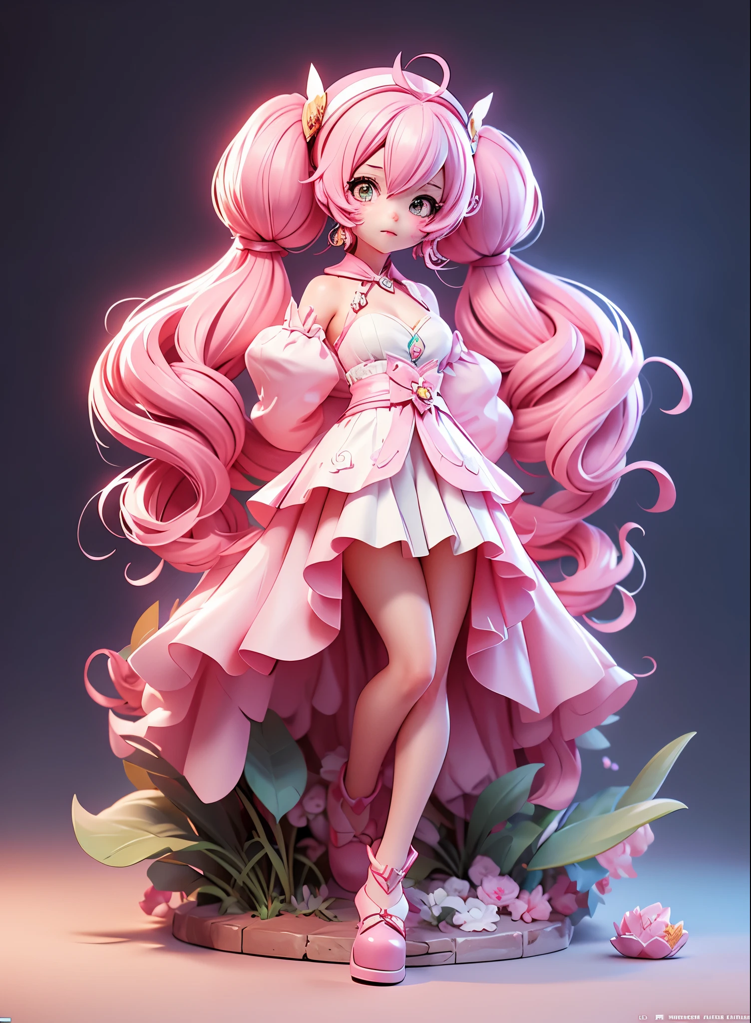 Anime character with long pink hair and white dress, pink twintail hair and cyan eyes, 2. 5 d cgi anime fantasy artwork, Official Character Art, cushart krenz key art feminine, shadowverse character concept, 3 d render official art, anime goddess, jrpg character art, render of a cute 3d anime girl