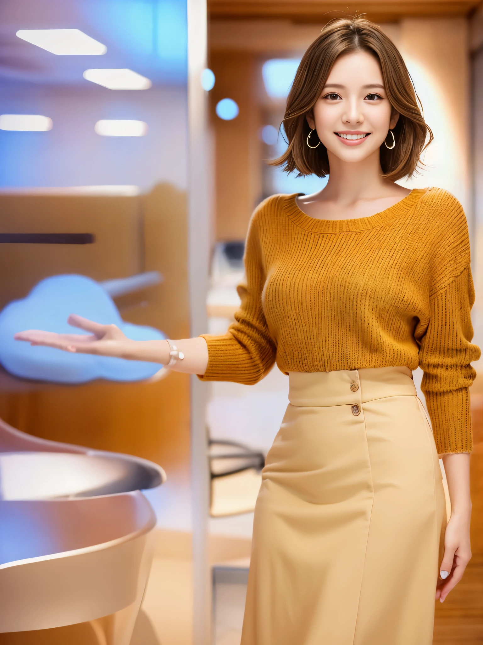 masterpiece, realistic, photorealistic, best quality, beautiful detailed, natural lighting, sharp focus, depth of field, (office room based on white), beautiful detailed japanese girl, 17 years old, standing, eyes open:1.5, looking at viewer:1.5, best quality real texture skin, Detailed beautiful delicate face and eyes, double eyelid, (smile:1.4), white teeth, short straight brown hair:1.2, bob cut:1.4, pierced earrings, sweater:1.3, long skirt:1.3,