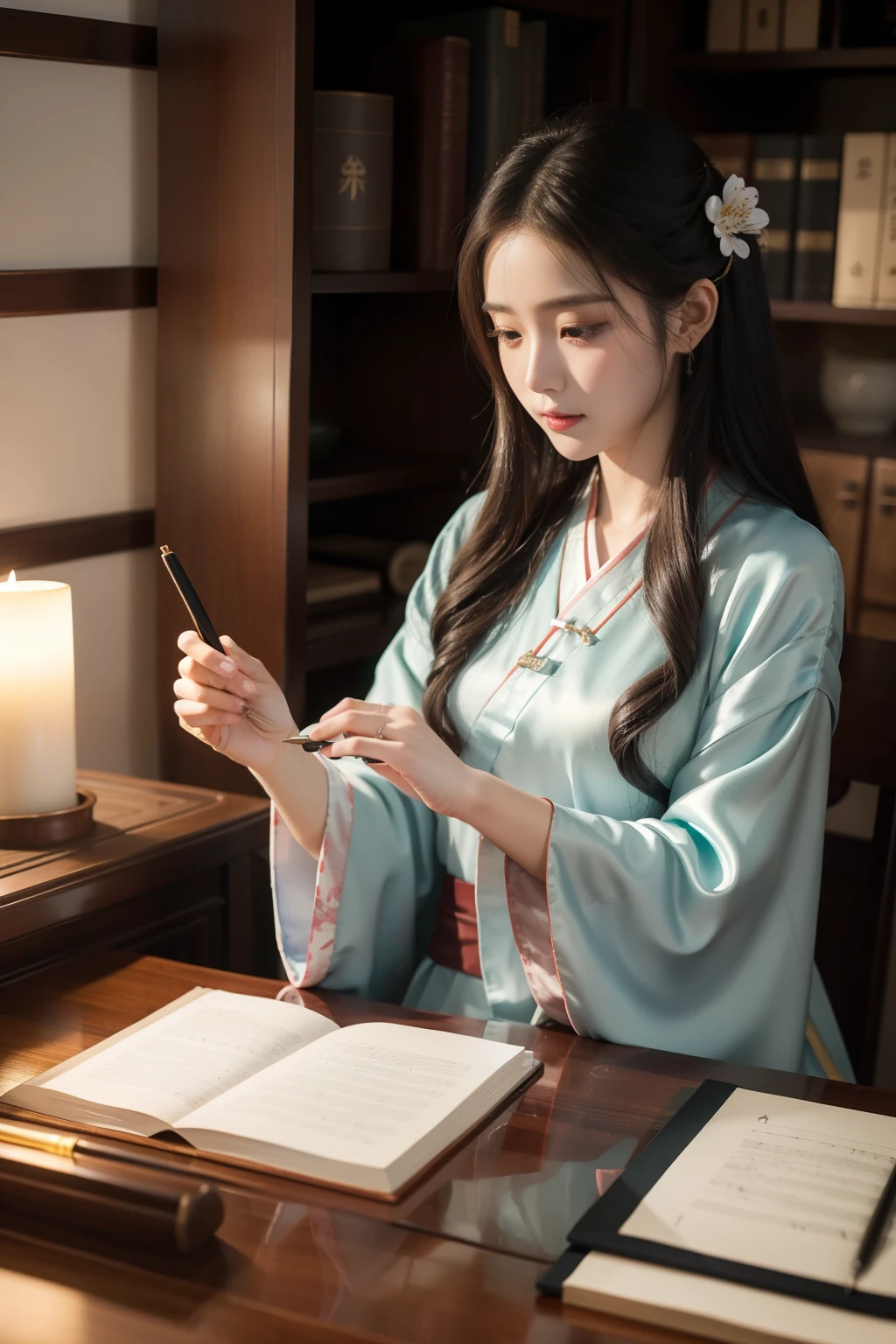 A beautiful woman writes calligraphy, A gorgeous satin Hanfu,Hold the pen in her right hand, pen barrel vertical。in the study,There is an inkstone placed on the desk, Indoor potted plants, indoor candle lighting.