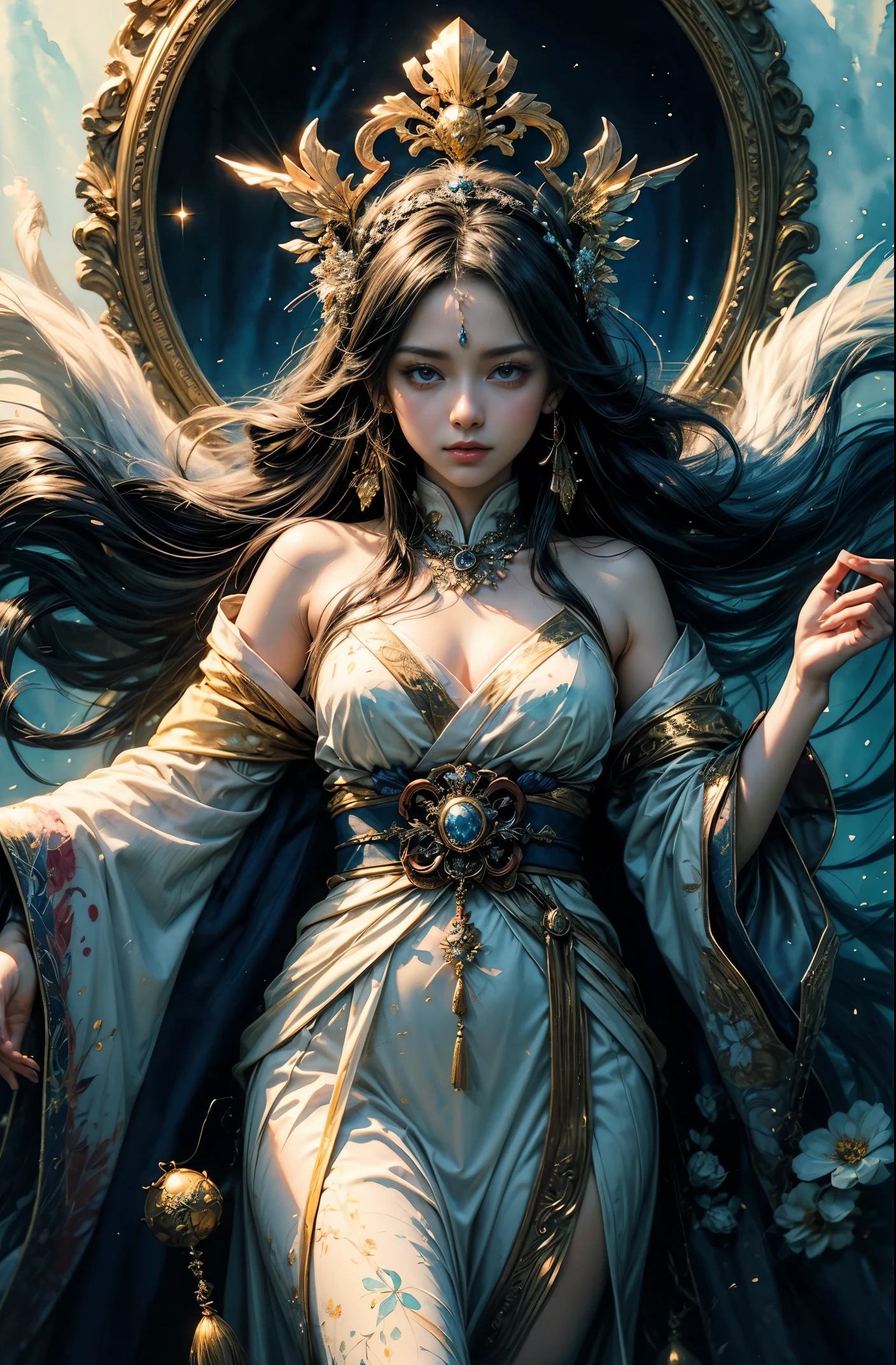 (masutepiece, of the highest quality, Best Quality, Official art, (Beautiful and aesthetic:1.4), (watercolor paiting:1.4) ), (izanami1.5), Goddess of Japan mythology, Dignified beauty, a goddess of creation、Goddess of Life、Komono、((((Komono))))、Support for samsara, God's Grace, Gentle and meditative expression, Flowing Celestial Garments, brilliance、created all the landscapes and worlds on earth, A dazzling dance of lights, Whispers of ancient lore