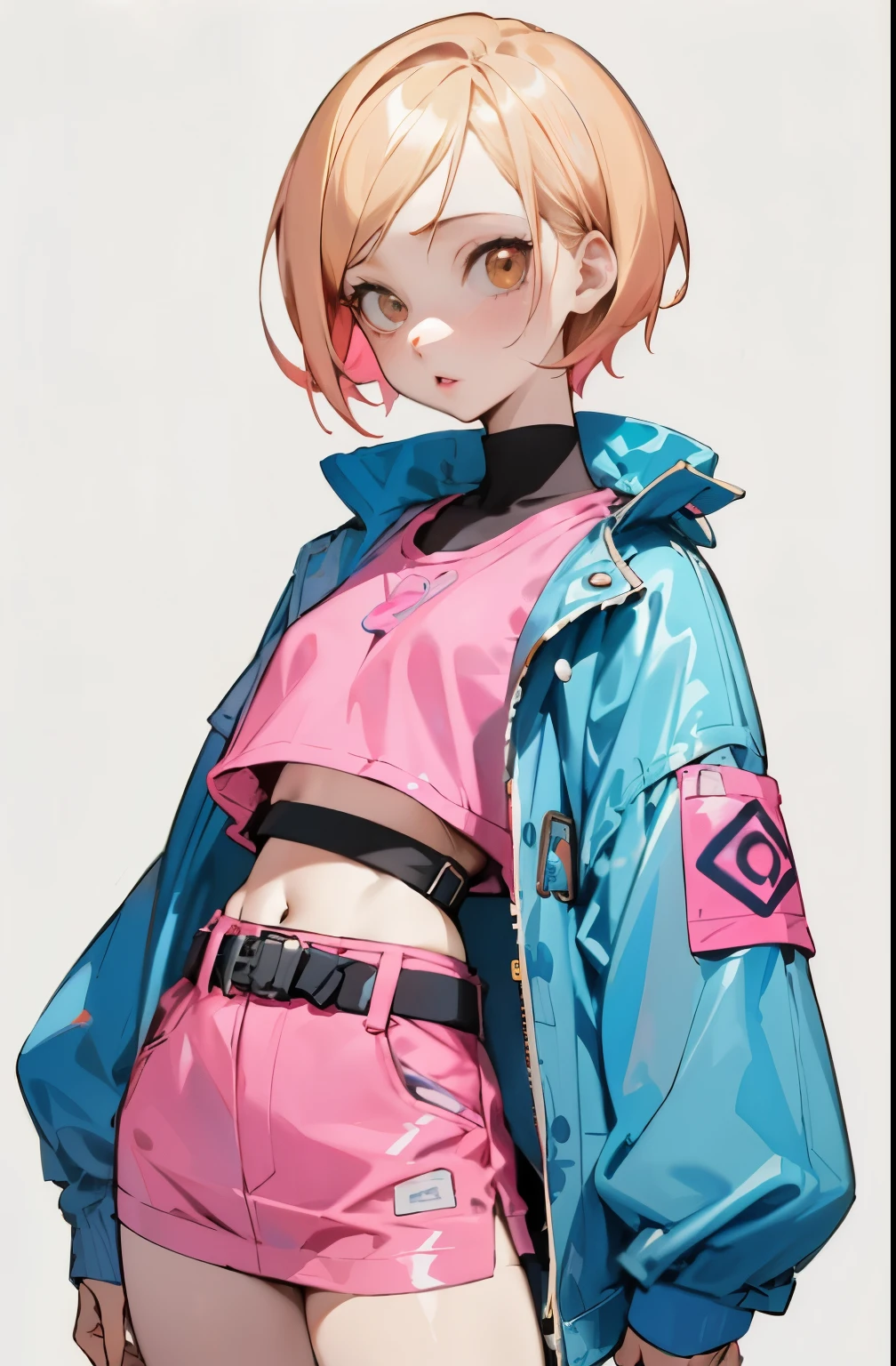 (masutepiece, Best Quality) Detailed, 1character , Blue Archive Art Style , wearing a  blue jacket, Pink belt , Outfits inspired by BLACKPINK, croptop,stunning woman , Short hair , Blonde hair , Orange Eyes , no pupils , Pink lips , pale skin , ￼26 years old, 
 , pastel color fading , Cell shade ,