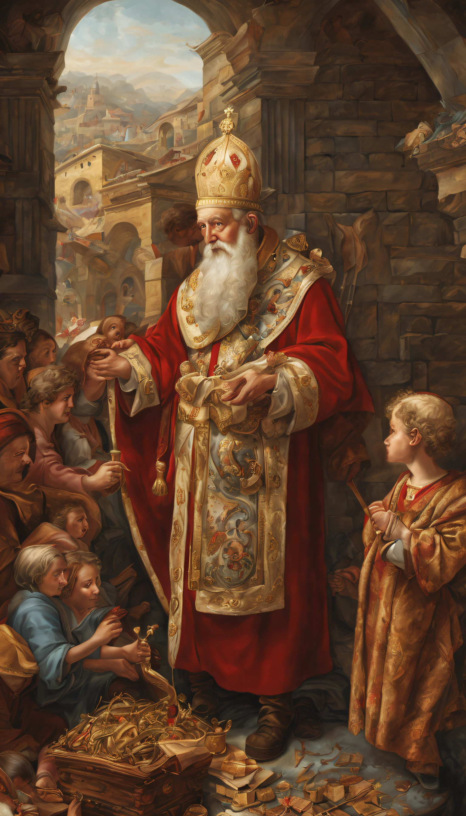 A complex illustration depicting the childhood of Saint Nicholas, nasceu rico, mas optou por se dedicar a ajudar os menos afortunados. (hyper realistic)