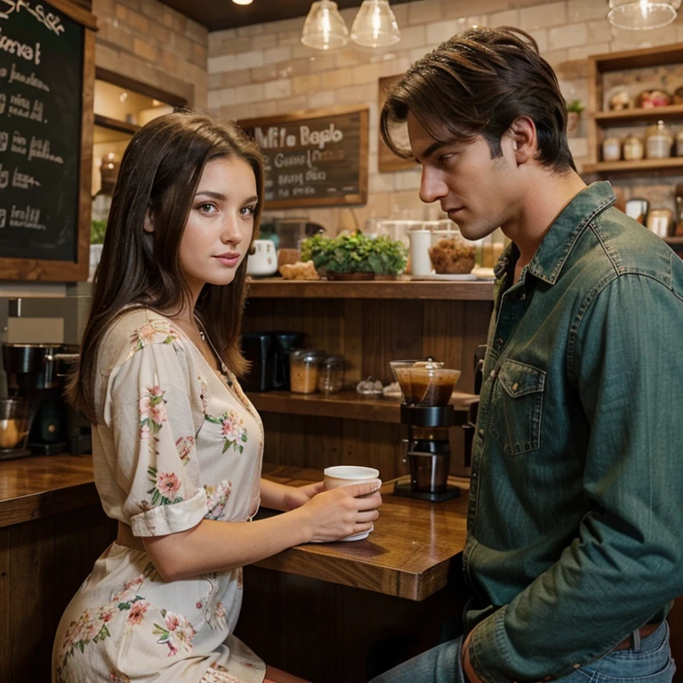 A man and a woman chatting in the coffee shop. Man: serious face, black hair and brown eyes, wearing jeans casual clothes. Woman: happy, brown hair, green eyes, floral summer dress, pretty face.