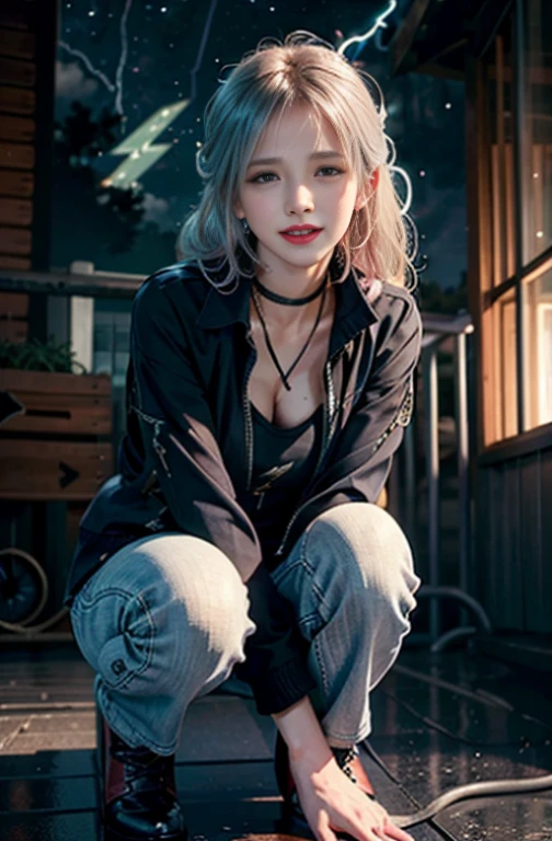 (Lightning illuminating the dark sky:1.7),Stormy night, (Rain pouring down on a tomboy:1.3), creating a dramatic and moody atmosphere.
Drenched tomboy,piercings,Punk rock fashion,Open jacket with chain,Punk rock shirts,Punk rock pants with chain,Chain Accessories,a choker,(The whole body is soaking wet,Rainwater dripping from the face,Wet face,wetting hair,Wet and glowing skin,Soaking wet costumes,),(Glossy silver and orange two-tone hair,Short ponytail),(The composition of the princess's face,large full breasts,Pointed lips,red lipsticks,Cute round face,A smile that makes the viewer happy,blushing with embarrassment,red blush,),Bold sexy poses,crouching down,
(in 8K, Raw photo, Best Quality, masutepiece,),(Realistic,Extreme detail photo,Digital SLR,),(Image Mode Ultra HD),