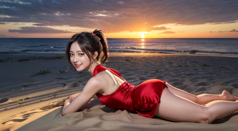 masutepiece, Best Quality, 23years old,Ultra-detailed, finely detail, hight resolution, 8K Wallpaper, Perfect dynamic composition, Natural Color Lip,(Wearing a red short dress:1.4),(Ponytail:1.3), breasts are large,(Lying down,barefoot on the sand:1.3),(red silk short dress:1.4)27-year-old girl,(Full body:1.3),Shot from the side,Enjoy the sunset,Please turn to your left and smile,