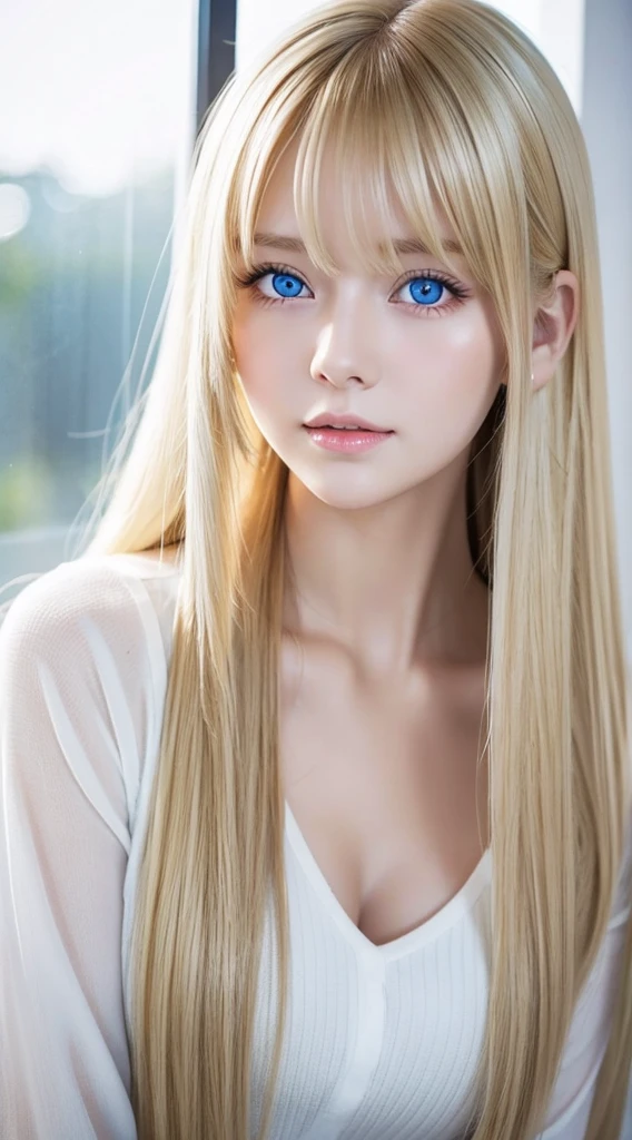 shiny, Beautiful white skin、Hair color changes with light、Bangs between eyes obstruct vision、cheek gloss highlights、Sexy and very beautiful, Nice, kawaii, gorgeous faces、The most beautiful face in the world、The most beautiful super long blonde hair in the world、Smooth straight hair、Very large bright light blue eyes, light fixtures、beautiful pony、Beautiful 15 year old Swedish blonde girl、Baby's face