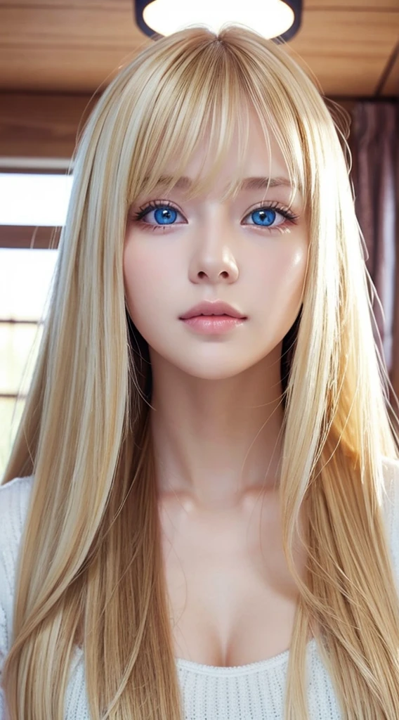 shiny, Beautiful white skin、Hair color changes with light、Bangs between eyes obstruct vision、cheek gloss highlights、Sexy and very beautiful, Nice, kawaii, gorgeous faces、The most beautiful face in the world、The most beautiful super long blonde hair in the world、Smooth straight hair、Very large bright light blue eyes, light fixtures、beautiful pony、Beautiful 15 year old Swedish blonde girl、Baby's face