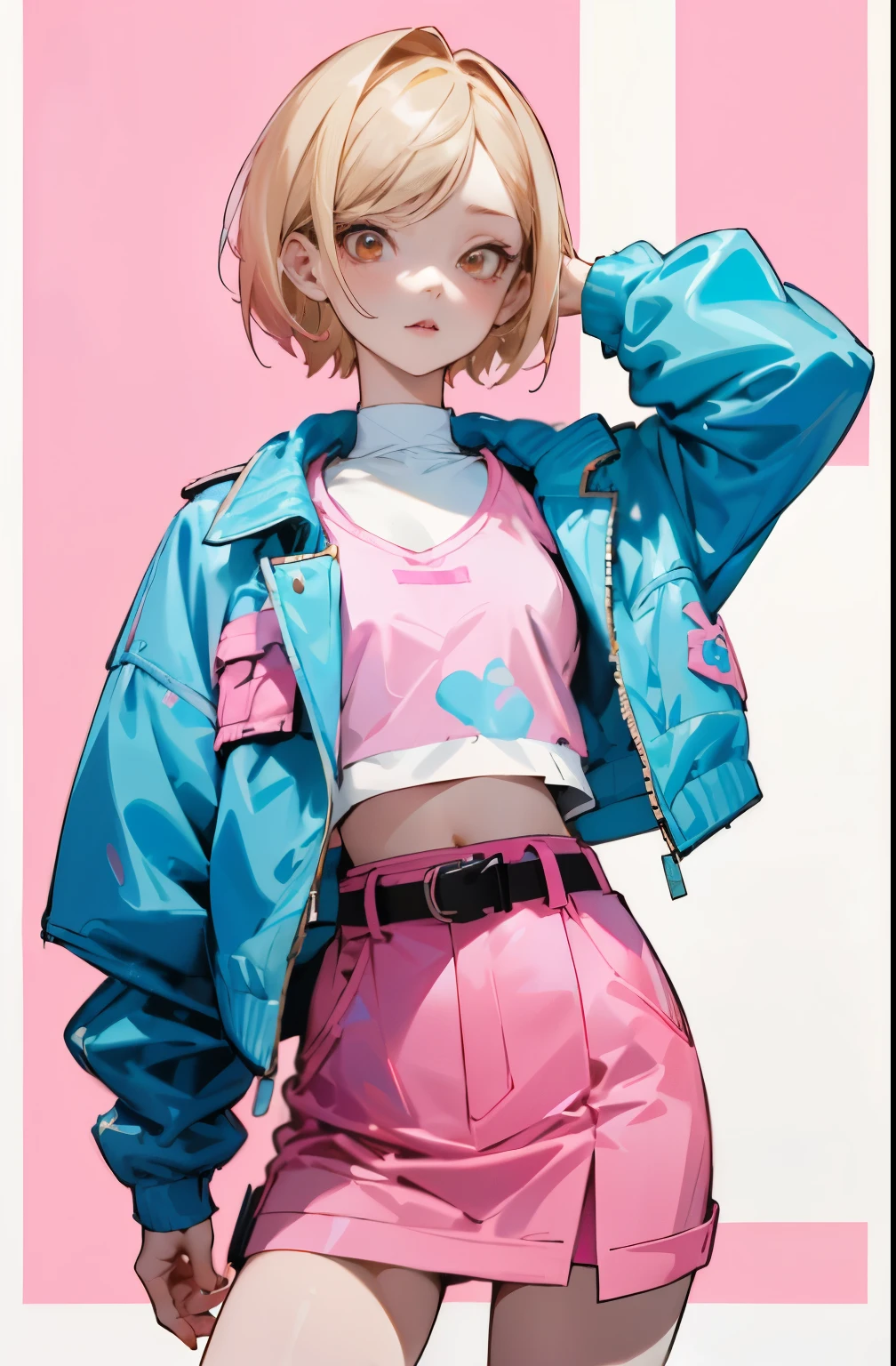 (masutepiece, Best Quality) Detailed, 1character , Blue Archive Art Style , wearing a  blue jacket, Pink belt , Outfits inspired by BLACKPINK, croptop,stunning woman , Short hair , Blonde hair , Orange Eyes , no pupils , Pink lips , pale skin , ￼26 years old, 
 , pastel color fading , Cell shade ,