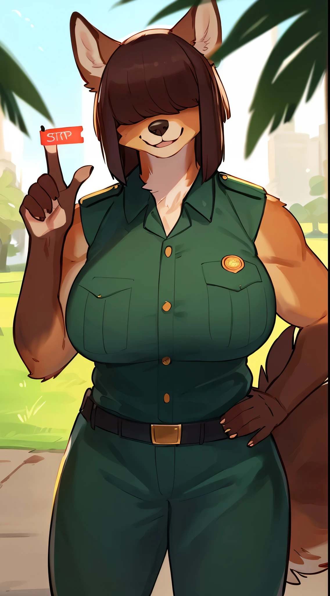 By bebebebebe, by lostgoose, by goonie-san, female, ((canine, snout, hair covering eyes, straight hair, medium hair, flat hair, ears, thin snout)), brown fur, big poofy tail, raised tail, dark maroon hair, (muscular, big breasts), solo, smiling, happy, standing, (park ranger uniform), forest, (saying stop, hand out, stopping viewer, palm towards viewer)