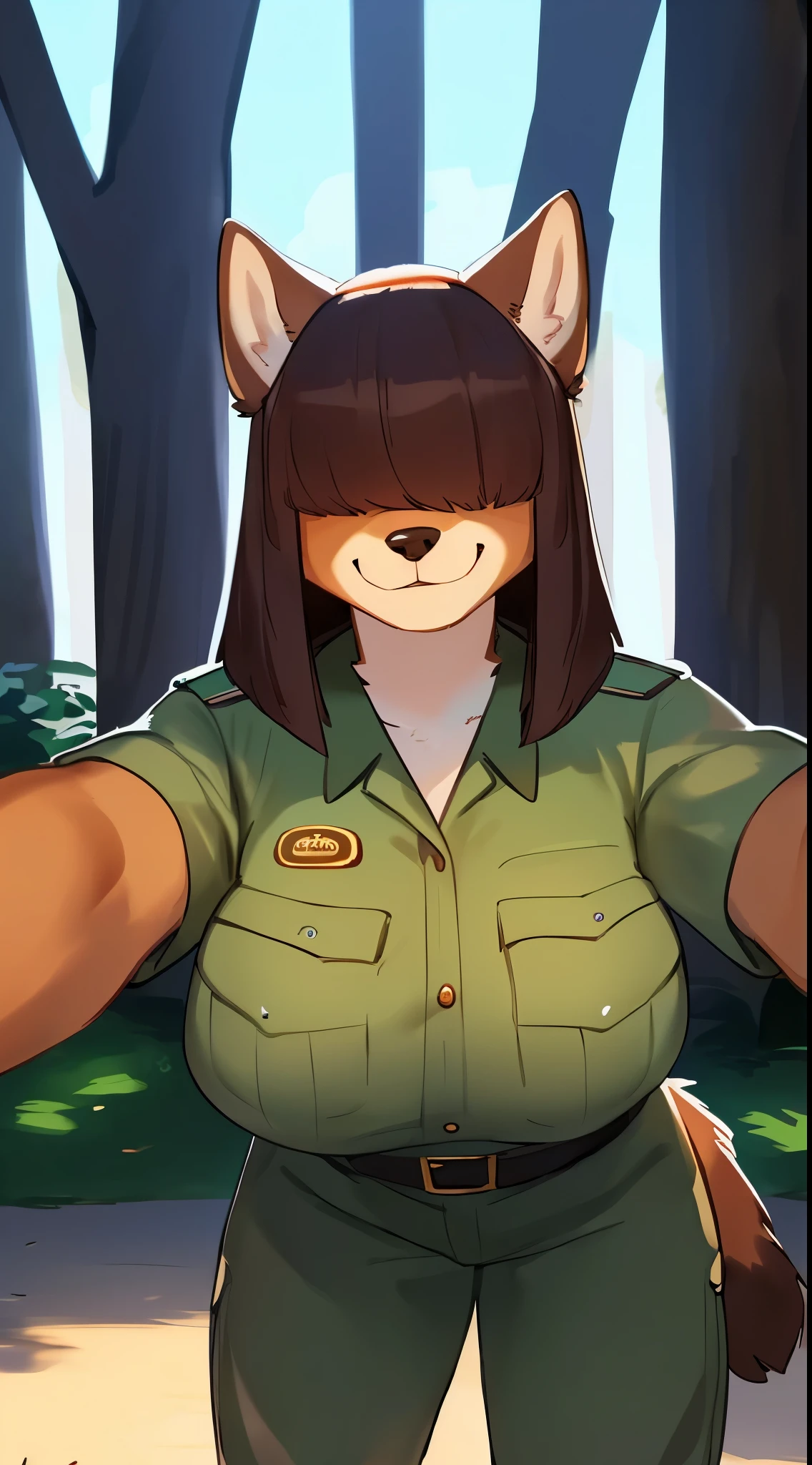 By bebebebebe, by lostgoose, by goonie-san, female, ((canine, snout, hair covering eyes, straight hair, medium hair, flat hair, ears, thin snout)), brown fur, big poofy tail, raised tail, dark maroon hair, (muscular, big breasts), solo, smiling, happy, standing, (park ranger uniform), forest, (saying stop, hand out, stopping viewer, palm towards viewer)