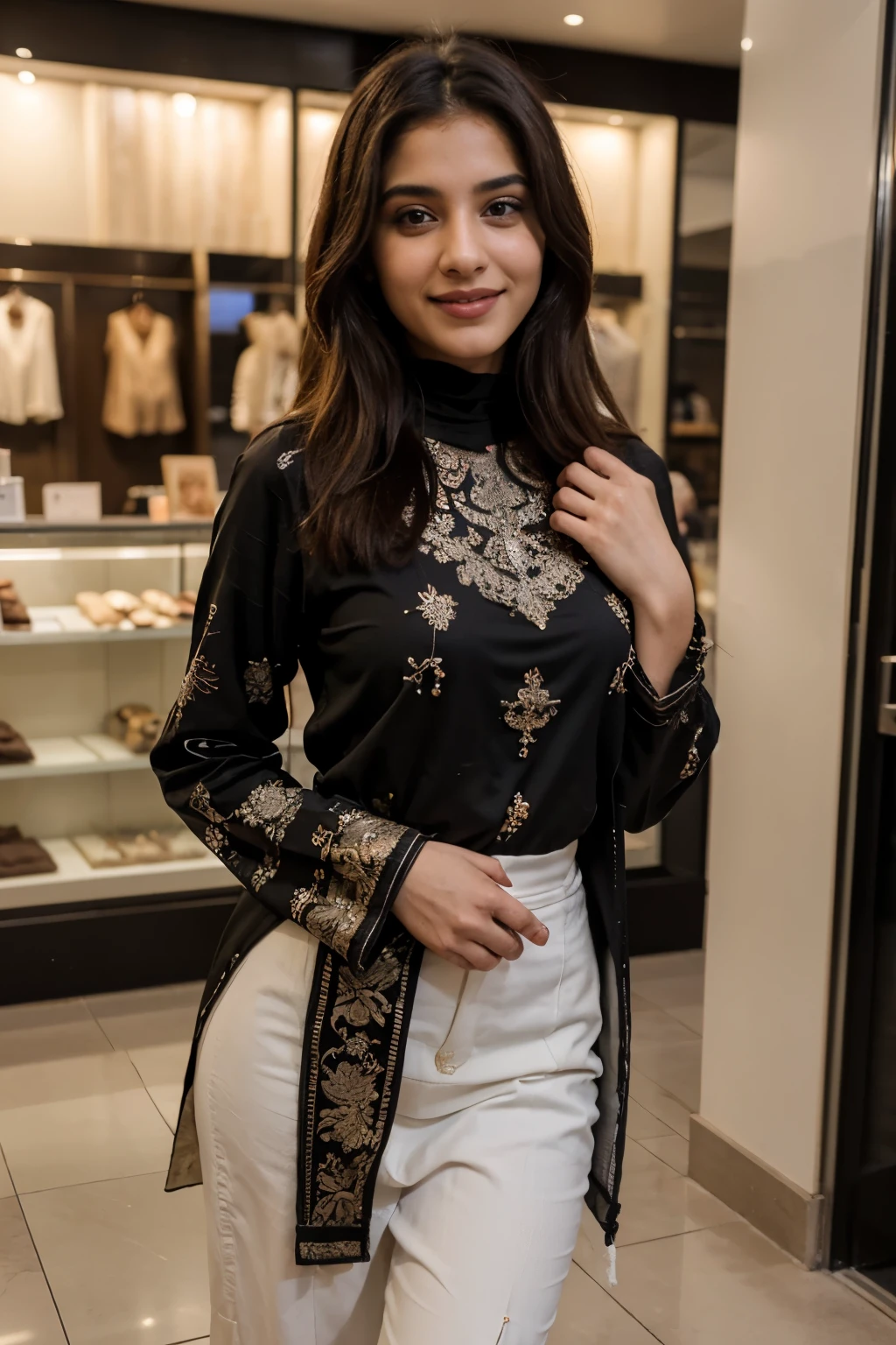 ((best quality)), ((masterpiece)), (detailed), perfect face Pakistani muslim adult girl with full of women seductive aspects, smiling and standing in a busy road, near a jewel shop