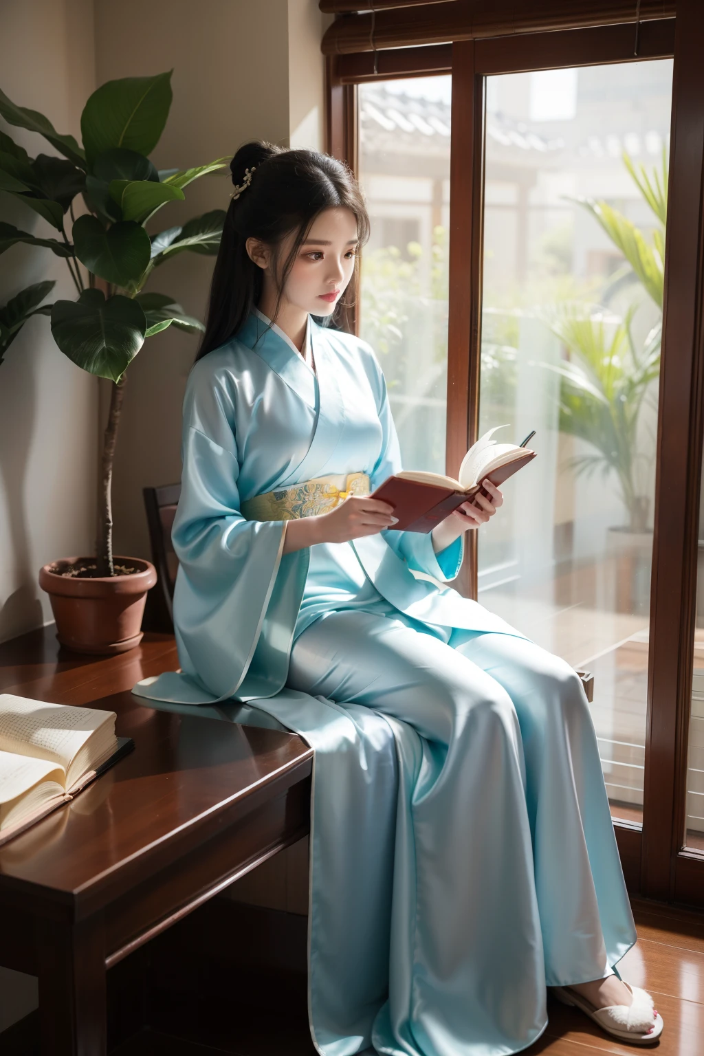 A beautiful woman reads a book, A gorgeous satin Hanfu,in the study,Indoor potted plants, Sunlight outside the window.