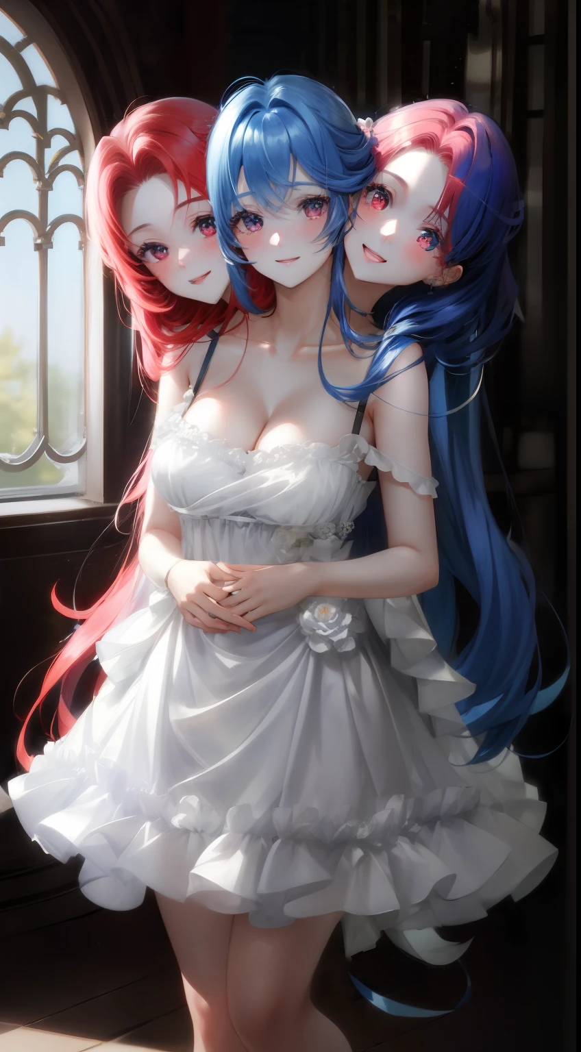 (masterpiece, best quality), best resolution, (2heads:1.5), 1girl, very long hair, red hair, clear eyes, blue hair, half-colour-hair, red eyes, left head's mouth open, all necks visible, heads spaced equally on one chest, perfect anatomy talking to the viewer, right head's mouth closed, smiling, holding a volleyball, white floral dress, indoor