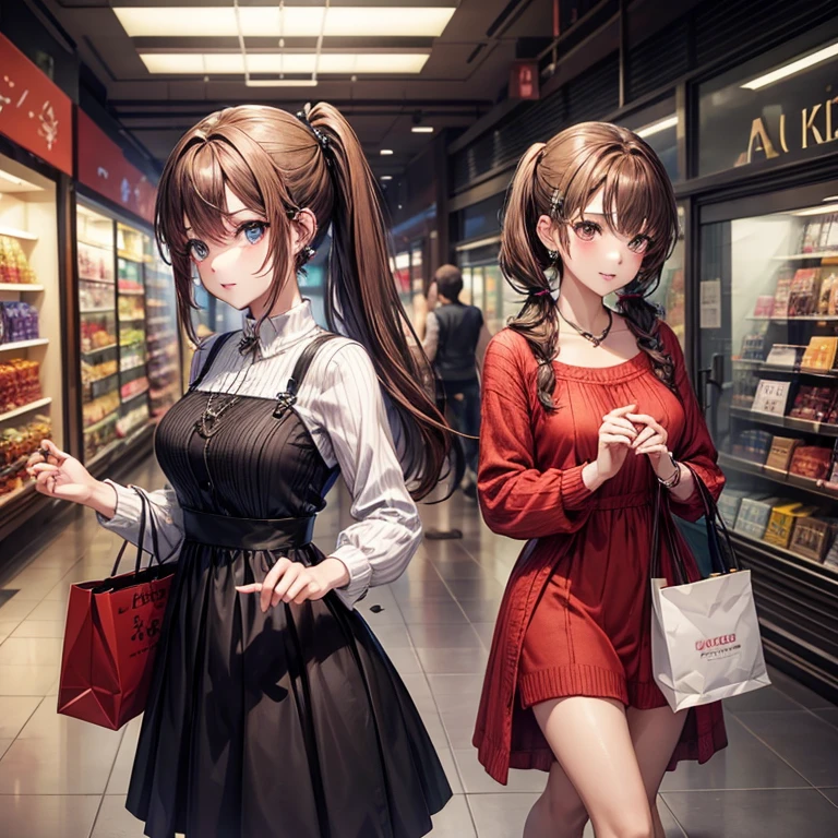 animesque、a beauty girl、department store、shopping、Knitted dresses、Brown hair、poneyTail、piercings、