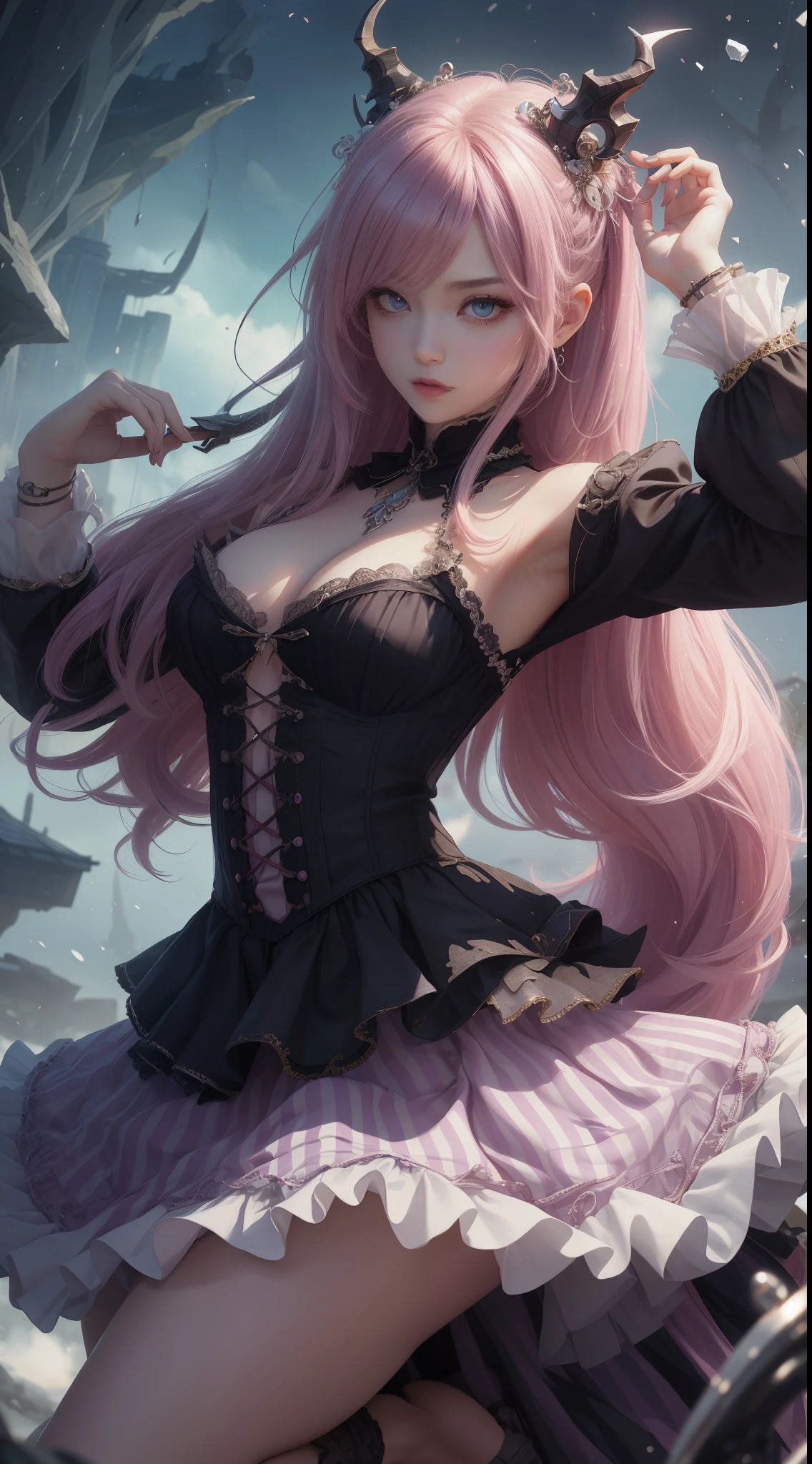 tmasterpiece，Highest image quality，The beautiful bust of a noble dragon lolita，Exquisite pinkish purple hairstyle，obsidian eyes，Gorgeous and sophisticated black lolita dreslack striped lolita skirt，A pair of dragon horns and huge dragon wings，Gorgeous palace，超级无敌flatchest，Ultra-detailed details，advanced。At the Pixiv Art Station，Break your own power，Louie，flatchest，R-18G