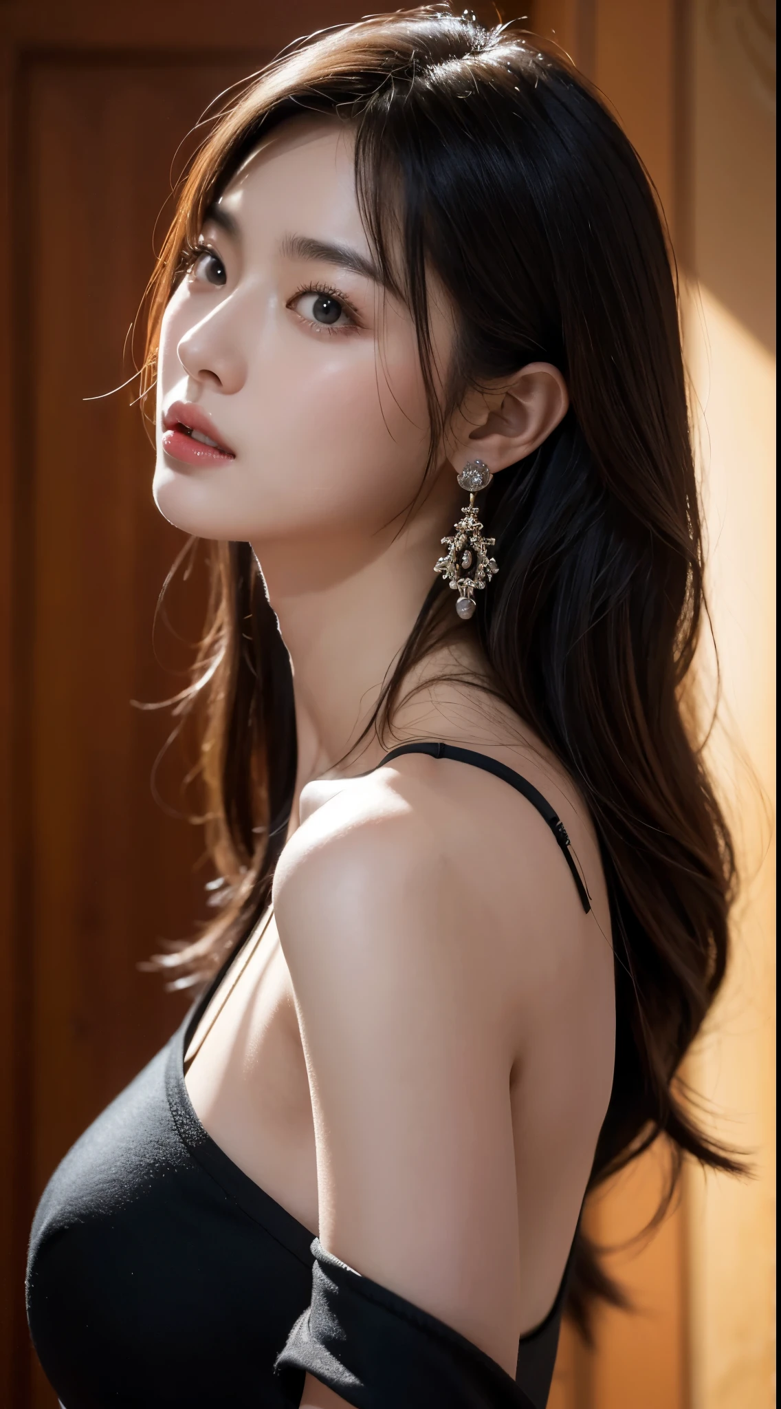 tmasterpiece, Best quality at best, Lighting, ultra - detailed, Detailed pubic hair, 超高分辨率, 8k wallpaper, Perfect dynamic composition, beautidful eyes , open mouse,  exquisite facial features，Very much like Song Hye Kyo，s the perfect face,Facing the peak of sexual arousal, looking at viewert, ((Deep dark background)),hair natural，Fragrant shoulders，鎖骨，Ultimate light and shadow，Wear delicate earrings，Detailed skin texture