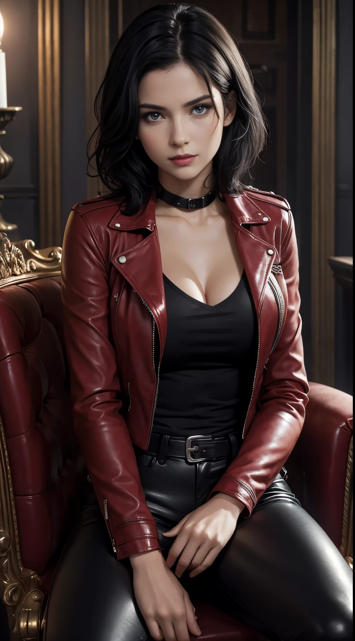(One Person:1.6), (A Gorgeous 25-Year-Old British Female Vampire Mercenary), (Wavy Short Black Hair:1.4), (Pale Skin:1.4), (Sapphire Blue Eyes), (Wearing Red Leather Jacket, Black V-Neck Inner Shirt, and Black Tight Pants:1.4), (Castle Altar at Night with Moonlight), (Sitting Elegantly on Throne Pose:1.4), Centered, (Full Body Shot:1.4), From Front Shot, Insane Details, Intricate Face Detail, Intricate Hand Details, Cinematic Shot and Lighting, Realistic and Vibrant Colors, Masterpiece, Sharp Focus, Ultra Detailed, Taken with DSLR camera, Realistic Photography, Depth of Field, Incredibly Realistic Environment and Scene, Master Composition and Cinematography