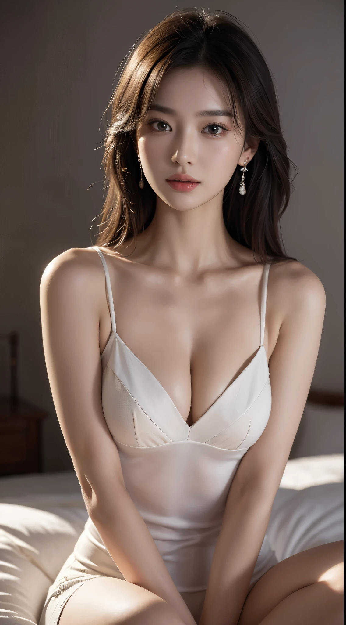 tmasterpiece, Best quality at best, Lighting, ultra - detailed, Detailed pubic hair, 超高分辨率, 8k wallpaper, Perfect dynamic composition, beautidful eyes , open mouse,  exquisite facial features，Very much like Song Hye Kyo，s the perfect face,Facing the peak of sexual arousal, looking at viewert, ((Deep dark background)),hair natural，Fragrant shoulders，鎖骨，Ultimate light and shadow，Wear delicate earrings，Detailed skin texture