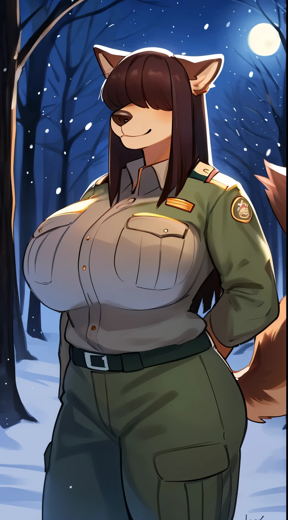 By bebebebebe, by lostgoose, by goonie-san, female, ((canine, snout, hair covering eyes, straight hair, medium hair, flat hair, ears, thin snout)), brown fur, big poofy tail, raised tail, dark maroon hair, (muscular, big breasts), solo, smiling, happy, standing, forest, snowing, snow, night, moon, ((park ranger uniform))