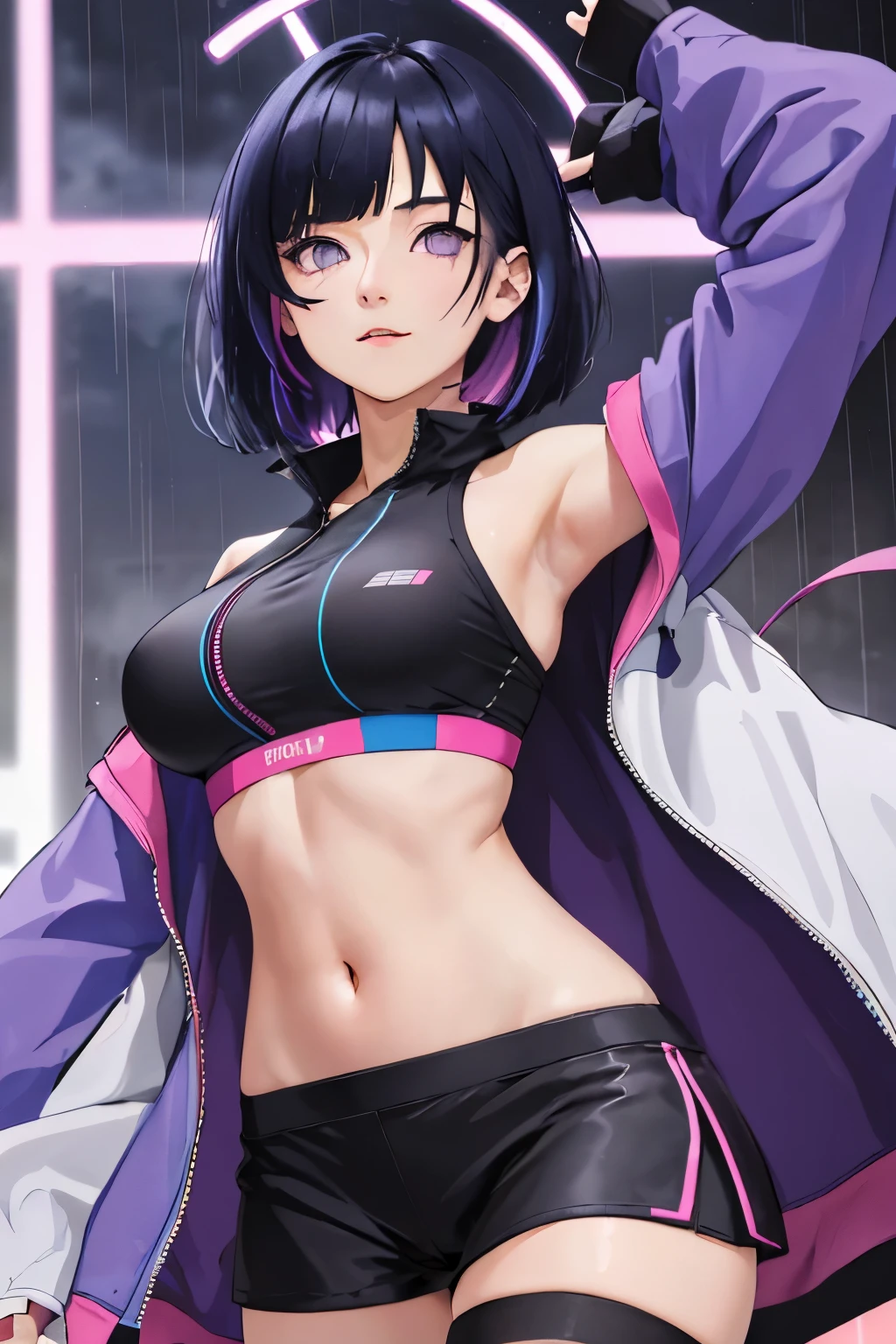 score_9_up, score_7_up, rating_safe, contrapposto pose, hand on hip, 1girl, KyokaJiro, Jirou_Kyouka\(boku no hero academia\), short hair, blunt bangs, sidelocks, purple hair, purple eyes, long earlobes, small breasts, hoodie, shorts
, source_anime