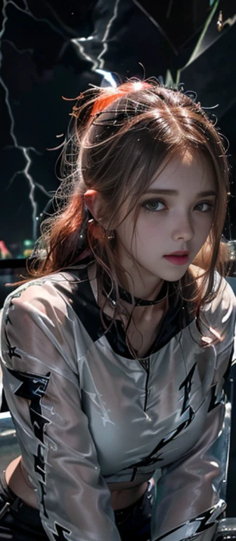 (Lightning illuminating the dark sky:1.7),Stormy night, (Rain pouring down on a tomboy:1.3), creating a dramatic and moody atmosphere.
Drenched tomboy,piercings,Punk rock fashion,Open jacket with chain,Punk rock shirts,Punk rock pants with chain,Chain Accessories,a choker,(The whole body is soaking wet,Rainwater dripping from the face,Wet face,wetting hair,Wet and glowing skin,Soaking wet costumes,),(Glossy silver and orange two-tone hair,Short ponytail),(The composition of the princess's face,large full breasts,Pointed lips,red lipsticks,Cute round face,A smile that makes the viewer happy,blushing with embarrassment,red blush,),Bold sexy poses,crouching down,
(in 8K, Raw photo, Best Quality, masutepiece,),(Realistic,Extreme detail photo,Digital SLR,),(Image Mode Ultra HD),