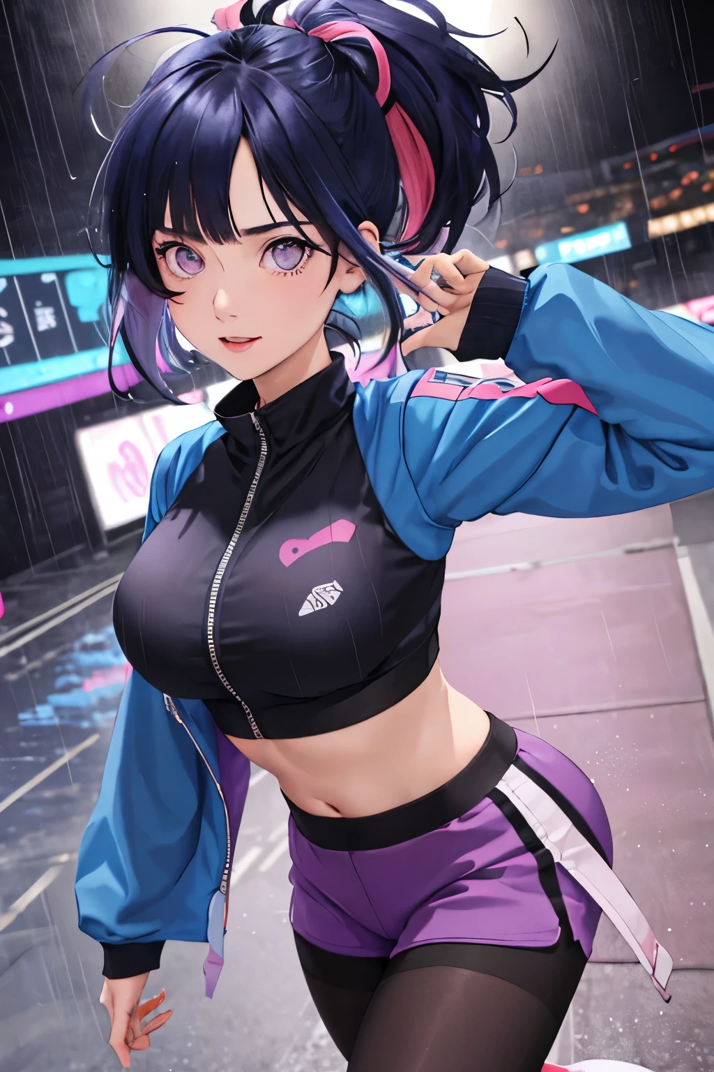 sportrait, 1 girl, pretty face, Asymmetrical hair, multicolour hair, obi strip, Tights, Cover the navel, separated sleeves, a purple eye, Hip vents, Open jacket, cute big breasts, Just look at the audience, nightcity, neon, It's raining, bluntbangs,dark-blue hair