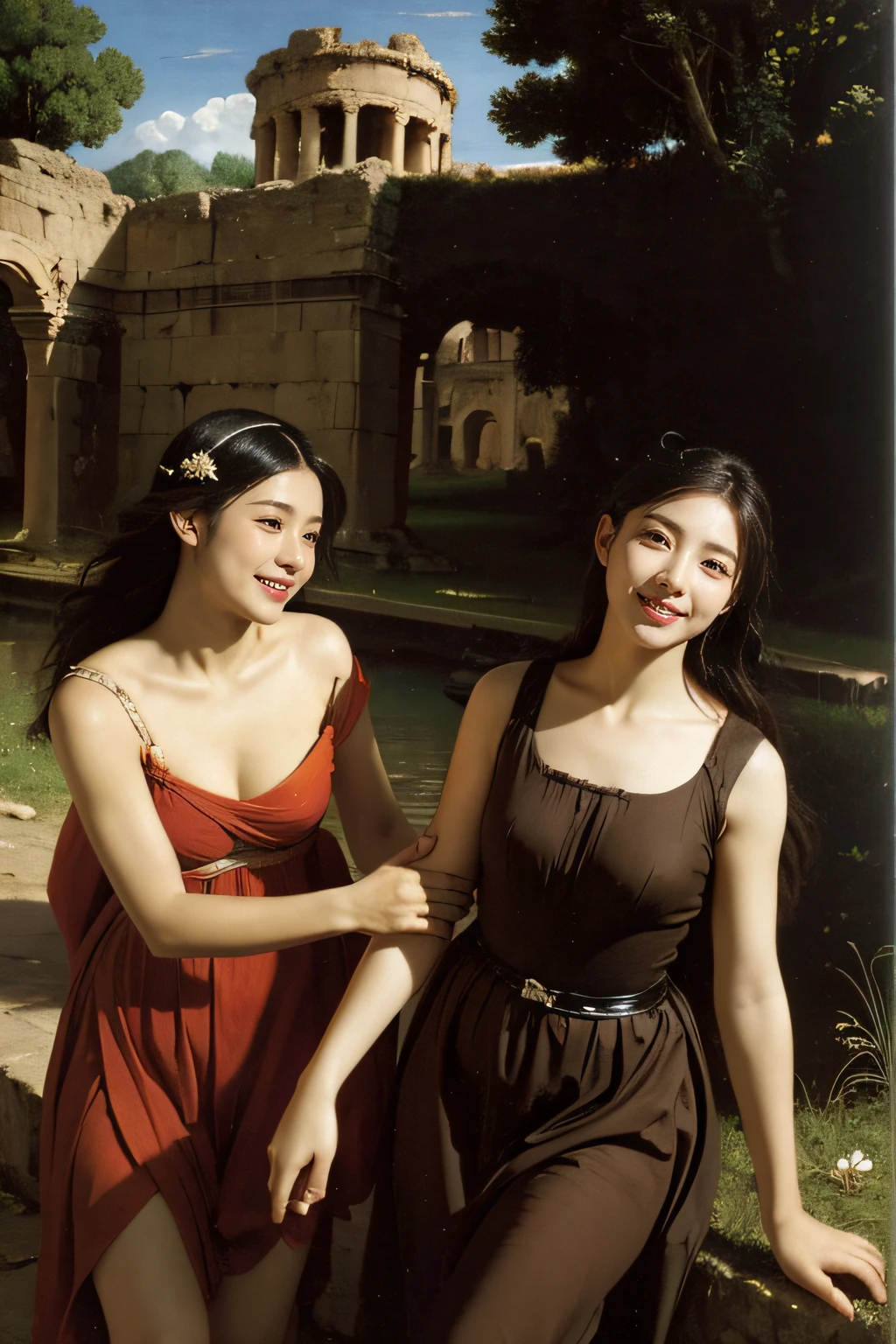 Ancient Roman ruins,Poussin-style landscape,A smile,,Sweet and seductive appearance.、Caravaggio's paintings、Chiaroscuro of Caravaggio、Hair disheveled in the wind,Two women frolicking,Cute smile, Expression of ecstasy,A sexy,erotick