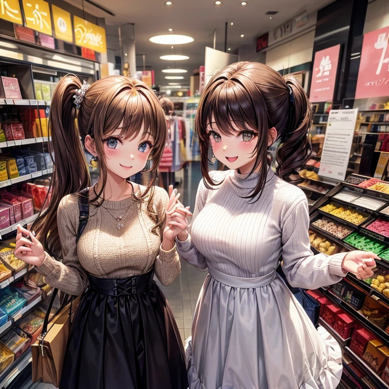 animesque、a beauty girl、department store、shopping、Knitted dresses、Brown hair、poneyTail、piercings、a smile
