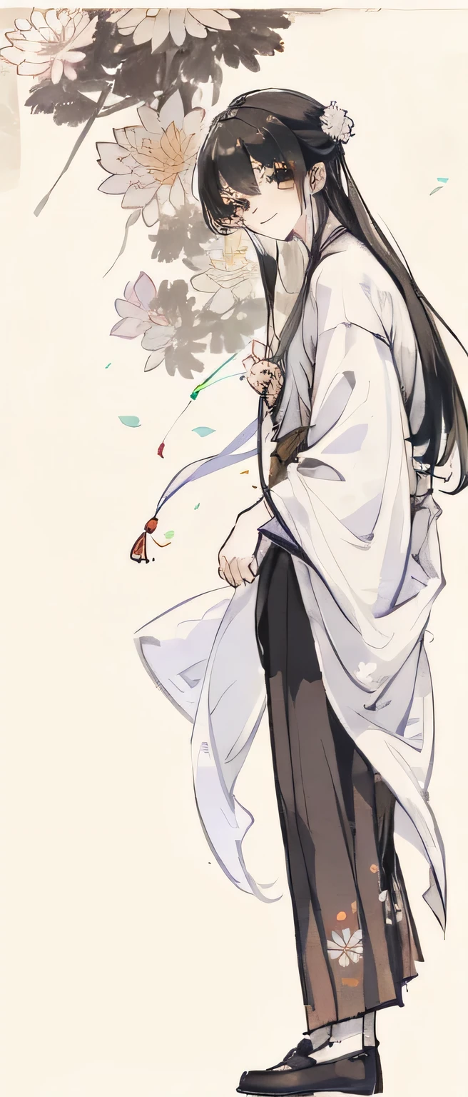((4K,tmasterpiece,Best quality at best)), shuimobysim, National congratulations,Ancient China, chrysanthemums, Hanfu, maxis kit, Pretend to be conservative 1 boy, Alone, Long white hair, ssmile, The stands up