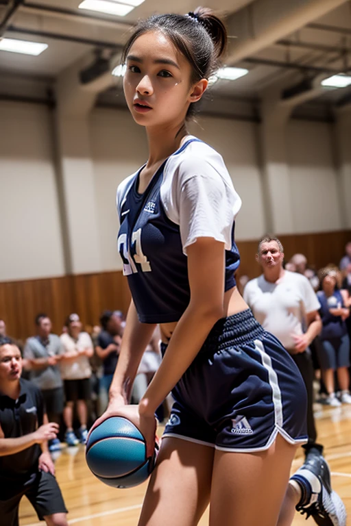 a girl doing a dunk shot in a gymnasium, basketball goal, holding a basketball in both hands, jumping, crop top, navel, steam, breathing, (crowd people in the background), white socks, blue shoes,
(cute illustration:1.2), High-resolution, ultra-detailed, best quality, (v-shaped eyebrows, shout:1.2), dynamic angle, energetic, creating a cool and dramatic scene,