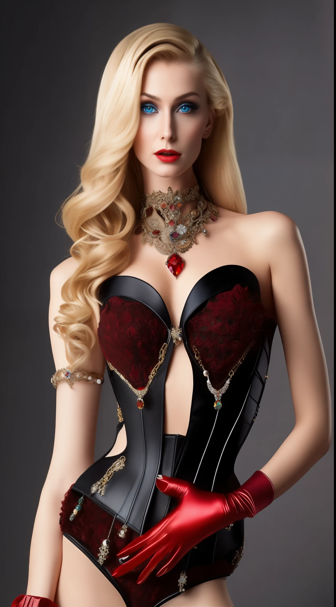 high quality fingers, normal hands, detailed fingers, masterpiece, (realistic, photo-realistic:1.37), (full body:1.5), High-end editorial-style photoshoot highlighting the beauty of a woman with blonde hair and bright blue eyes, dressed in a chic red and black corset, thin waist, seductive smile, large tits, perfect body, perfect face, (full body:1.5), set within the refined atmosphere of a Victorian ballroom. Stylish, elaborate jewelry made with expensive gems.