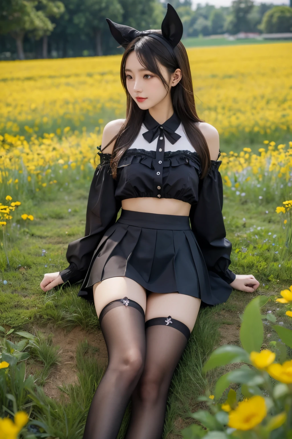 (tmasterpiece), (Best quality at best), (The is very detailed),black pantyhoses, a skirt, hor ears,Permanent,  flower  field,