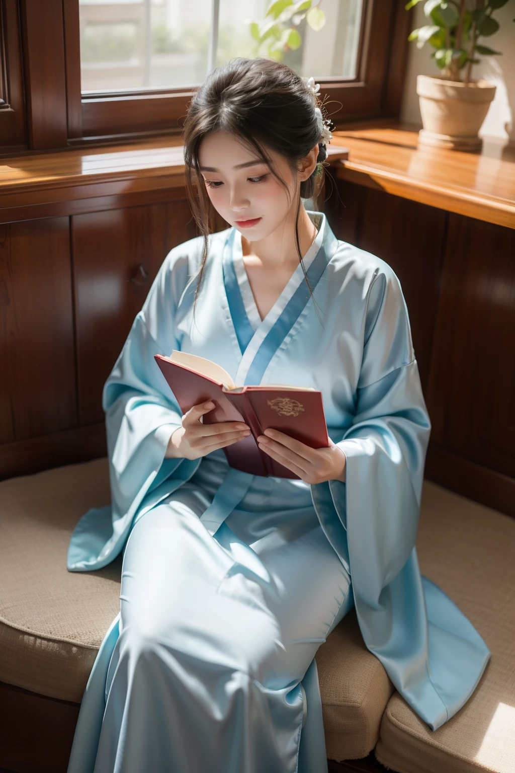A beautiful woman reads a book, A gorgeous satin Hanfu,in the study,Indoor potted plants, Sunlight outside the window.